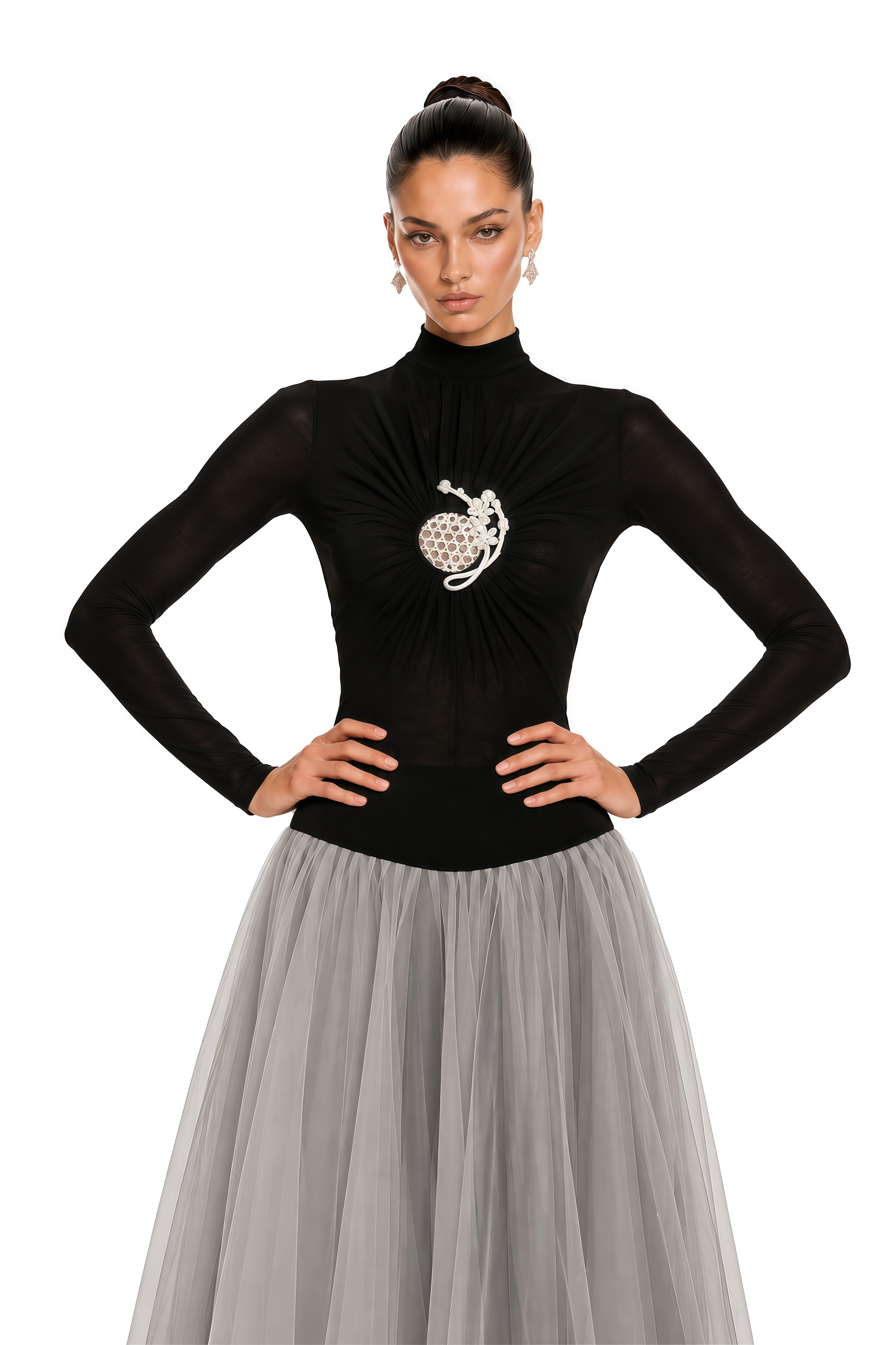 Cézanne Black Crochet Detail Tulle Panel Midi Dress