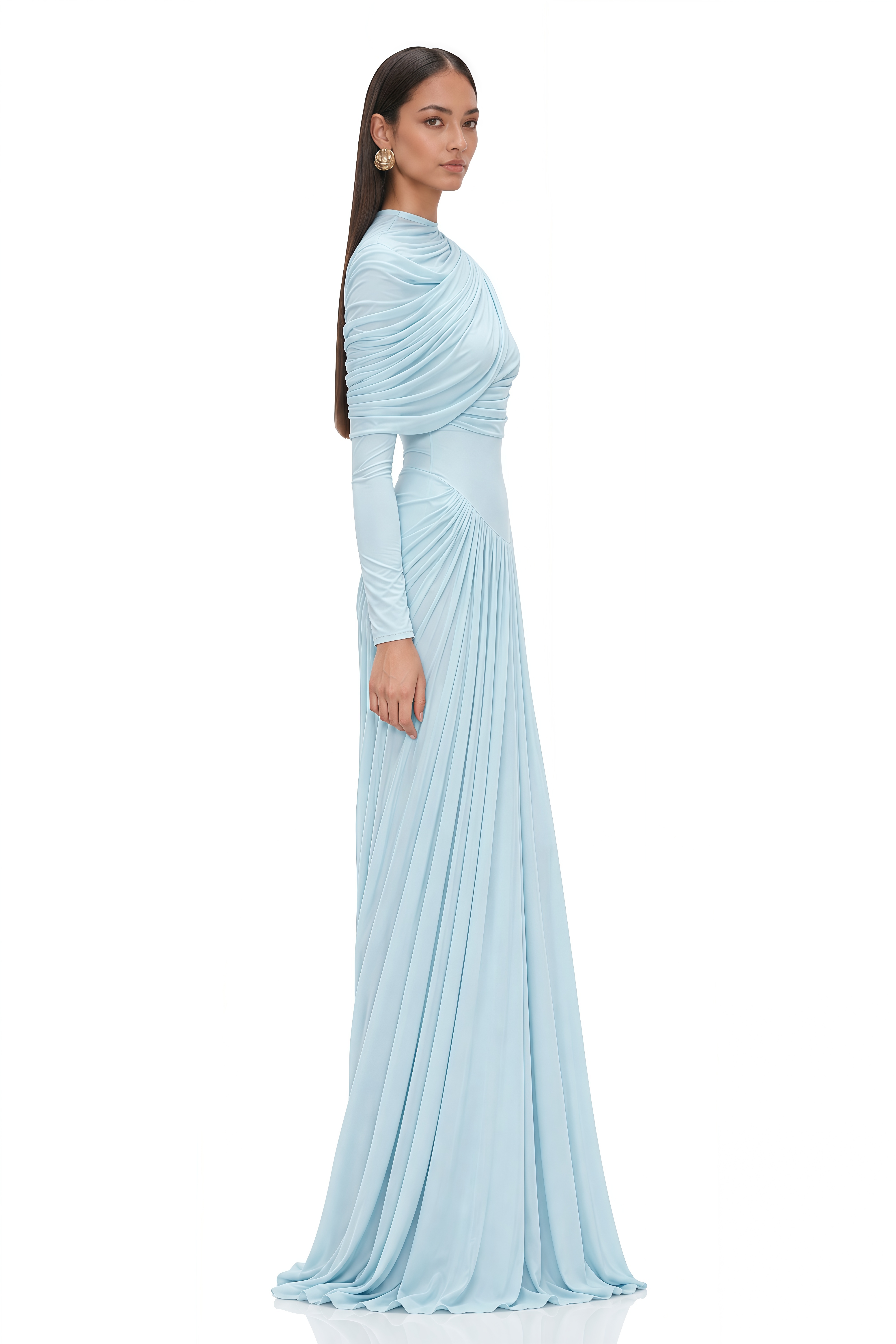 Catherine Baby-Blue Asymmetrical Pleated Long-Sleeve Maxi Dress