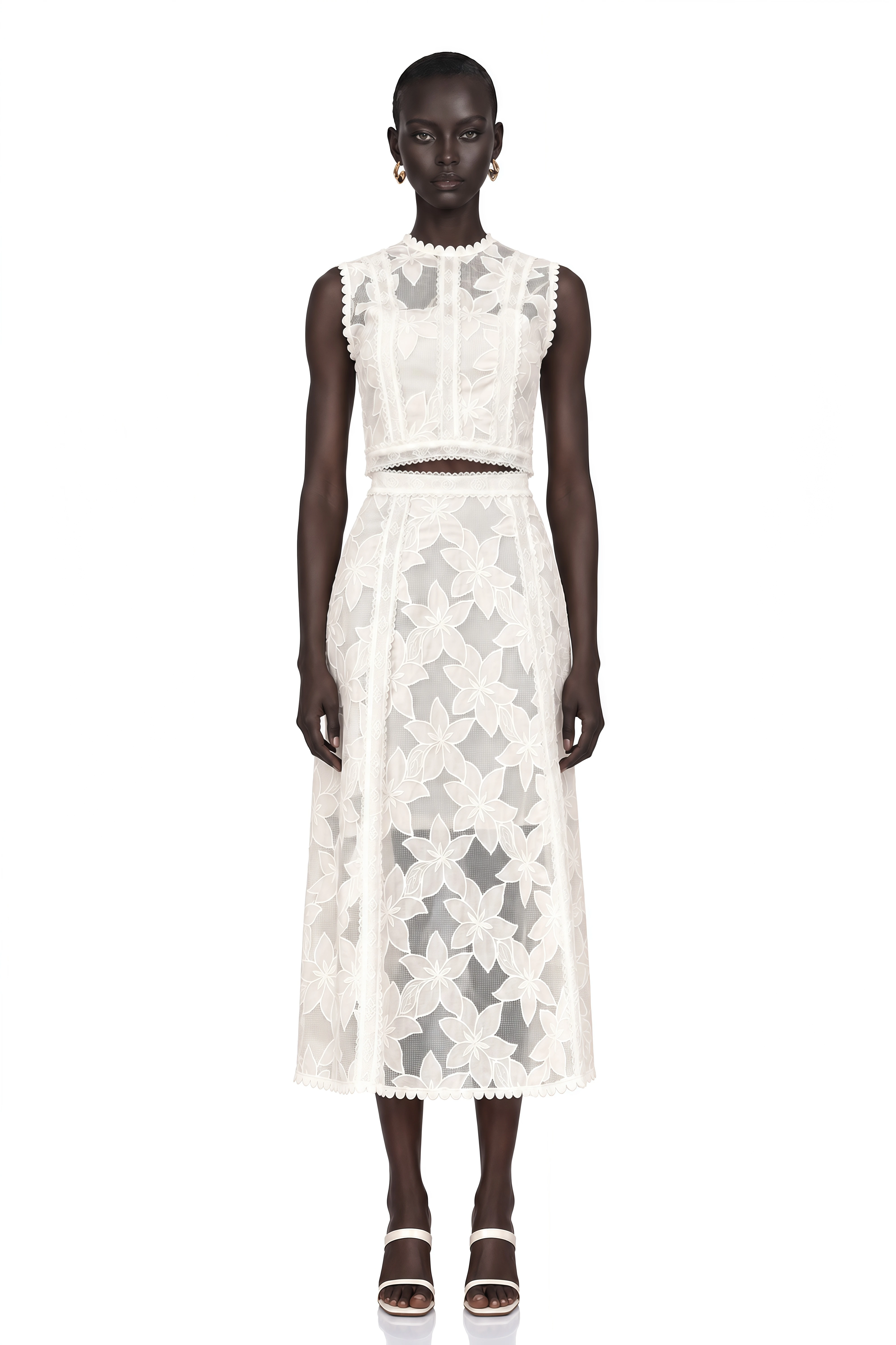 Mailys Floral Embroidered Top & Skirt Set in White