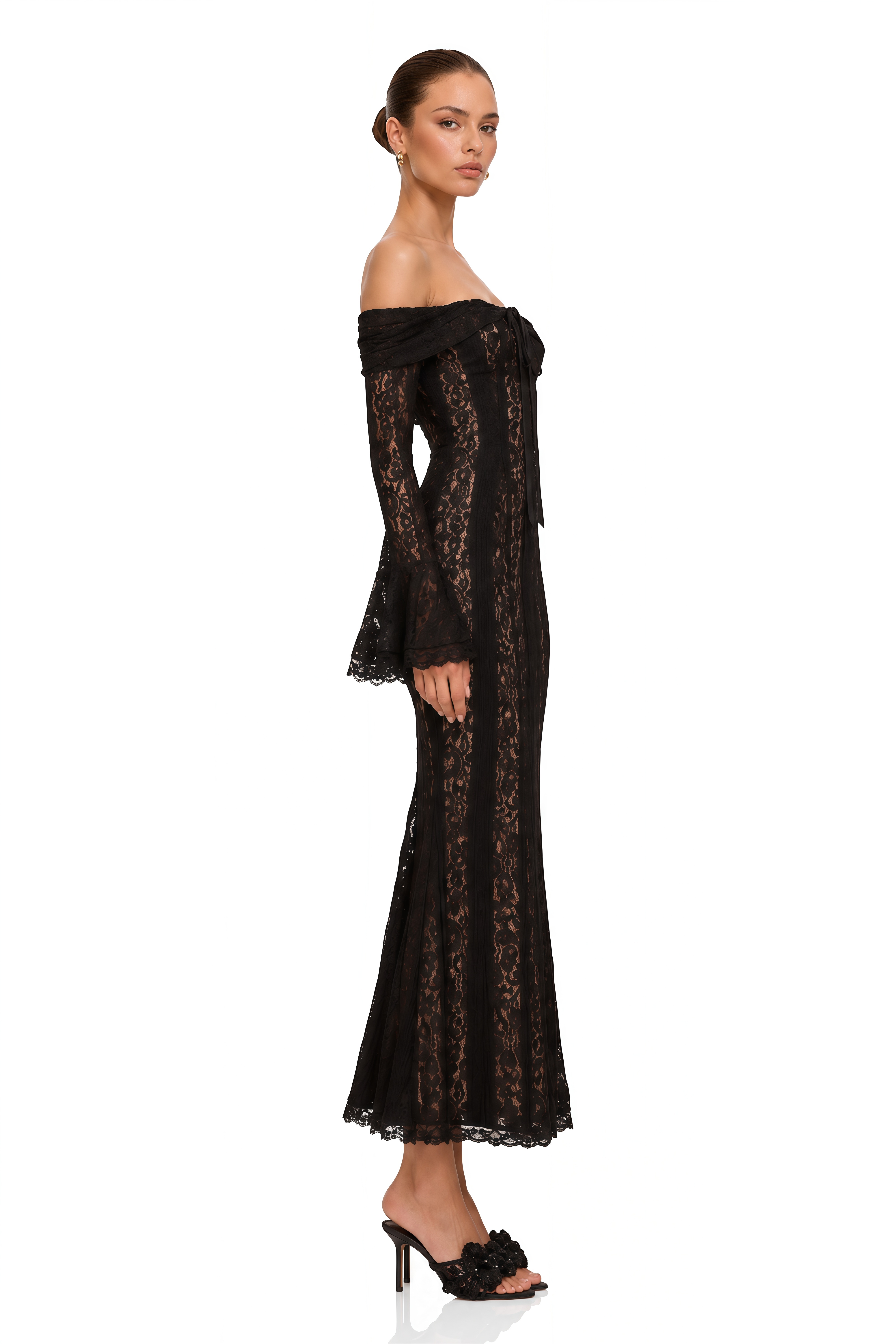 Émeline Floral Lace Flared-Cuff Midi Dress in Black