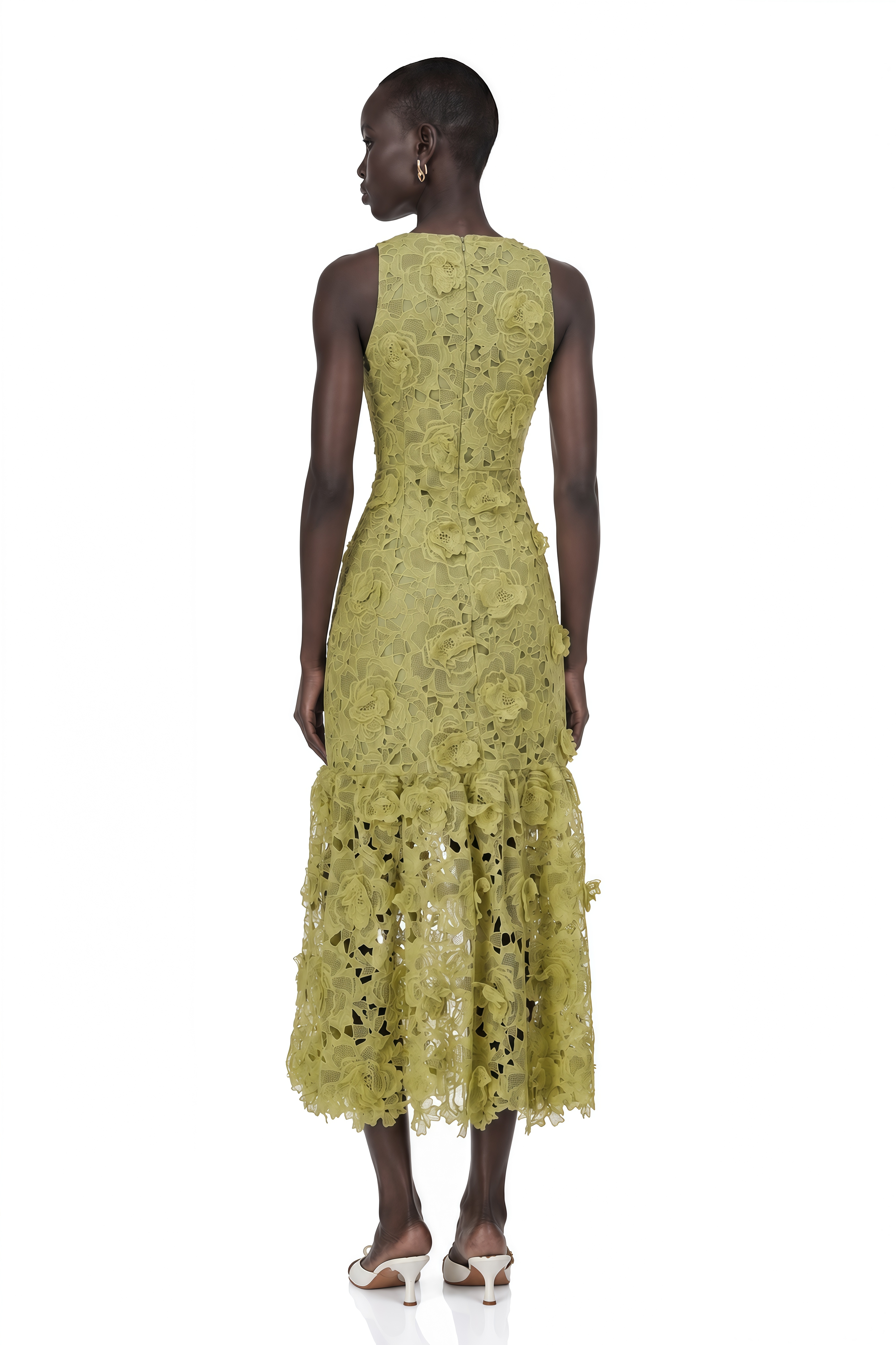 Briseis Olive Green Midi Dress with 3D Florals