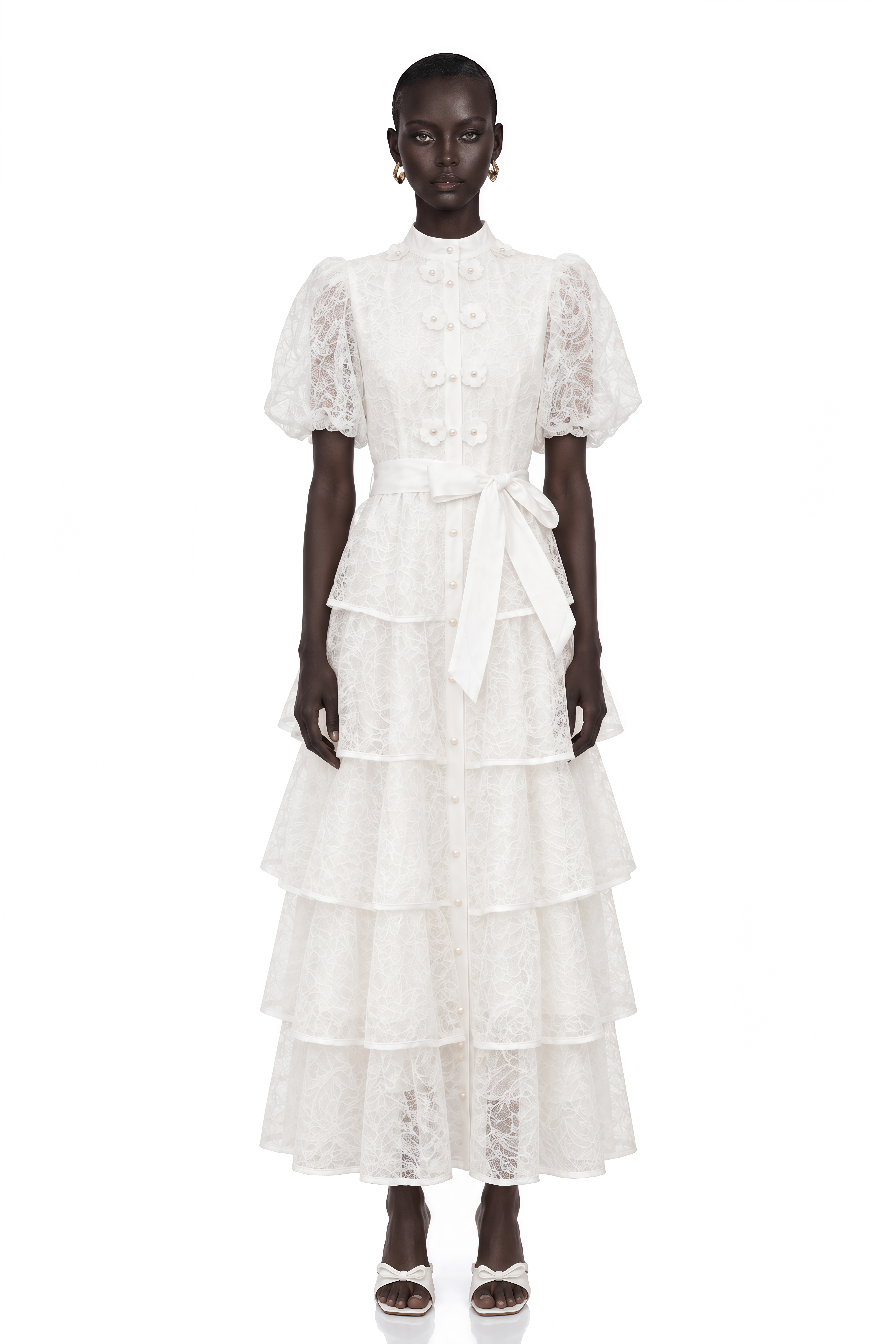 Verity White Floral Lace Tiered Maxi Dress