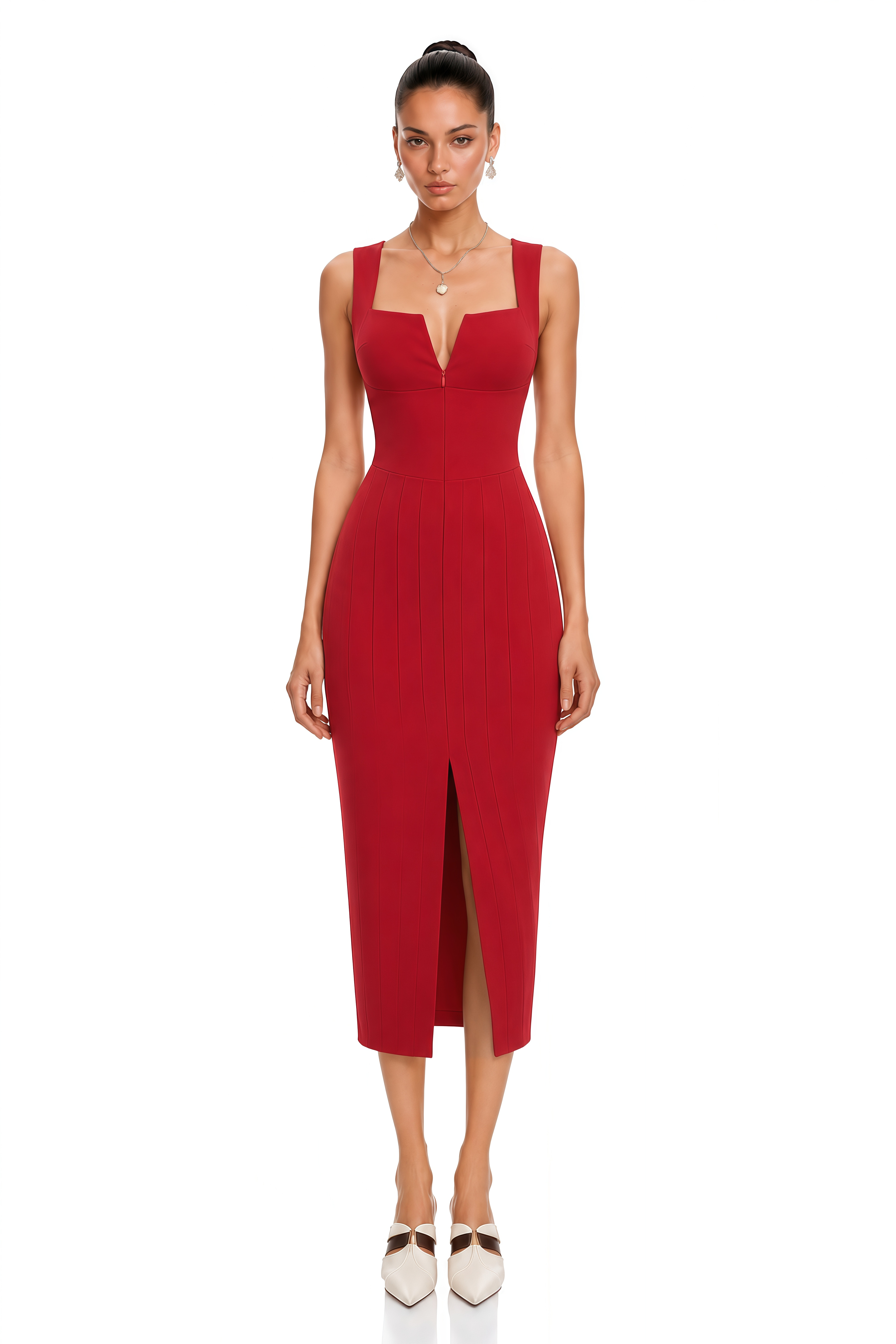 Olena Red Front Zip Corset Midi Dress