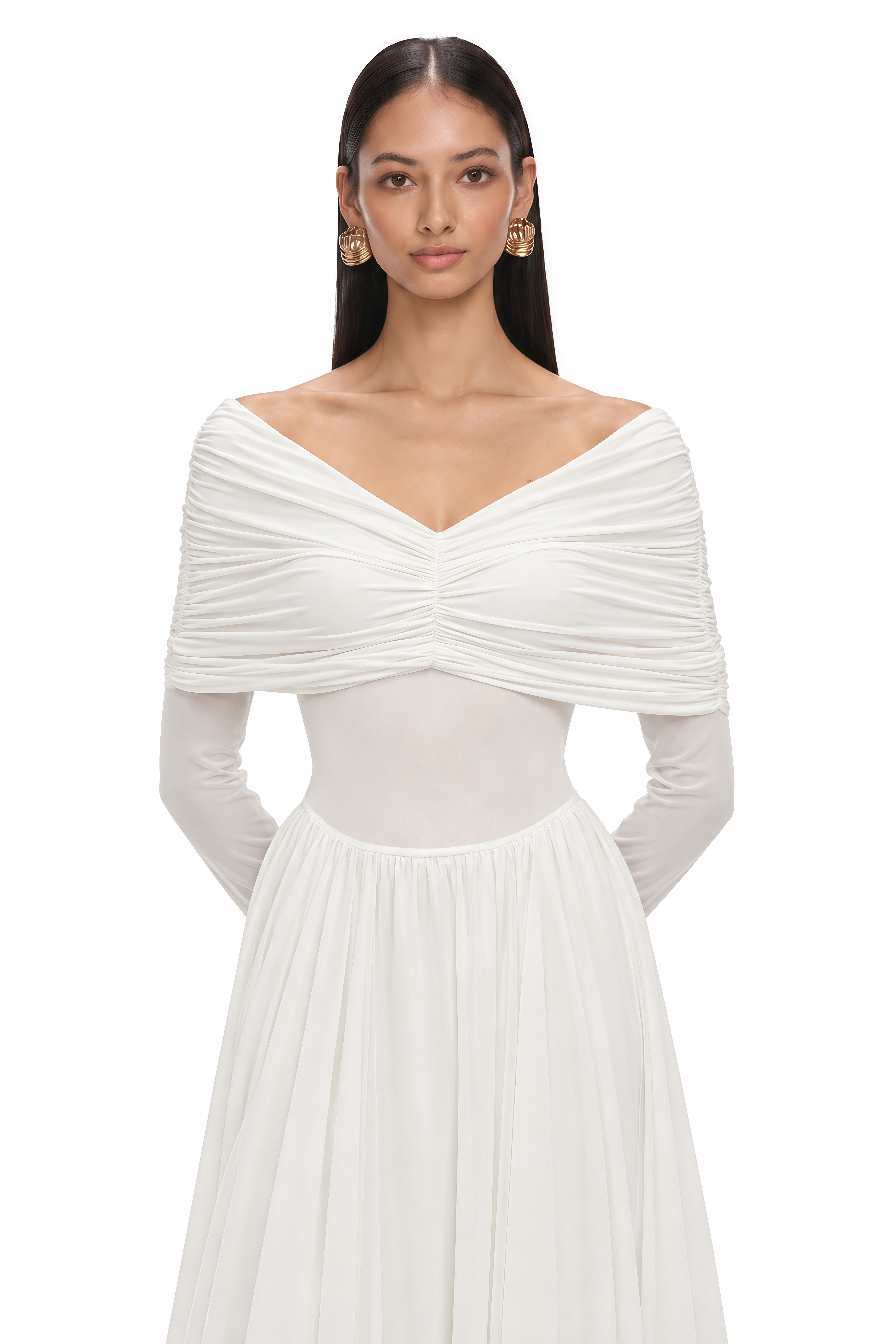 Vérane White Draped-detail Ruched Maxi Dress
