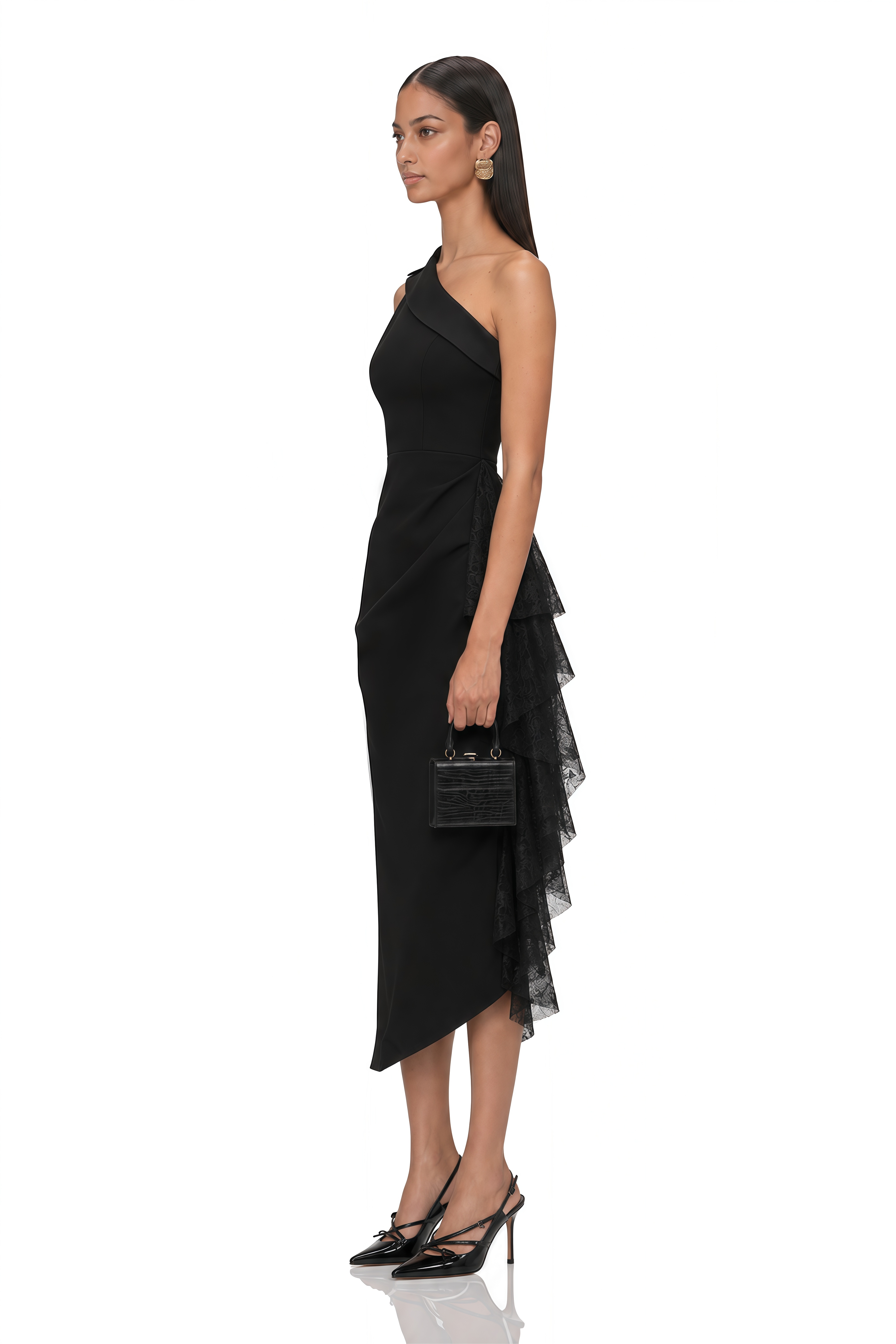 Bernadette Black Lace-Panel Asymmetrical Midi Dress