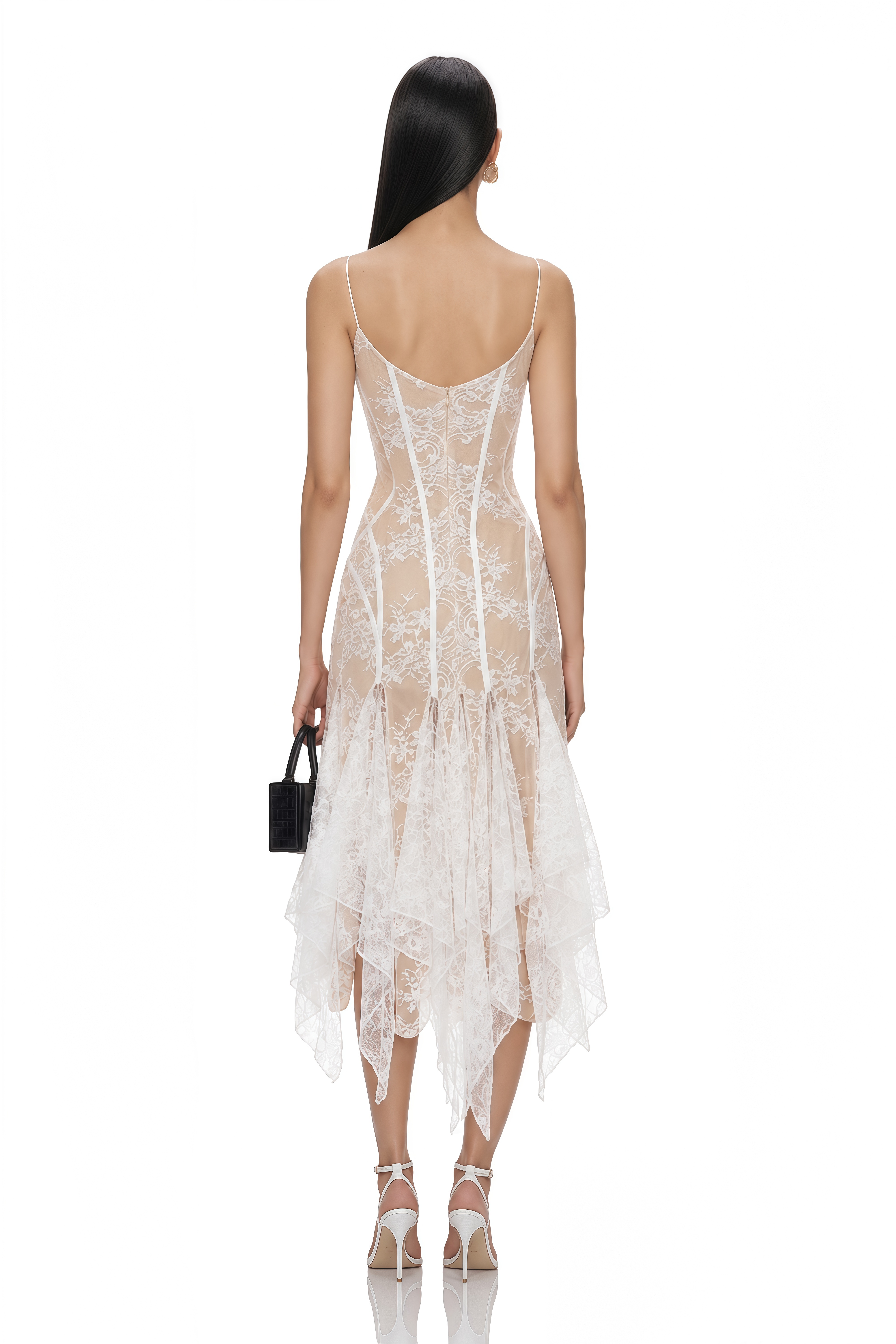 Annelise White Floral Lace Asymmetrical Midi Dress