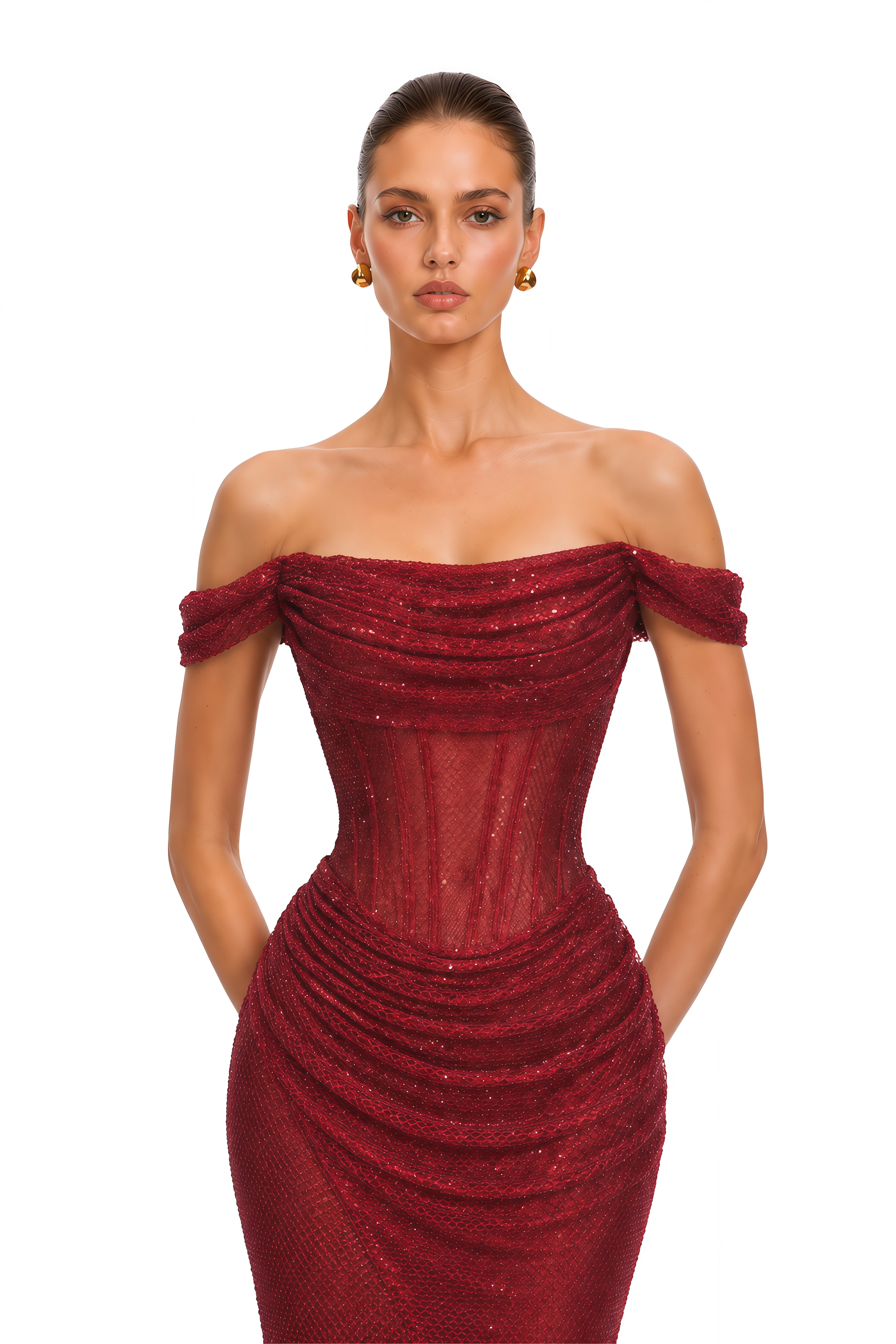 Scarlet Red Off-Shoulder Rhinestone Evening Gown