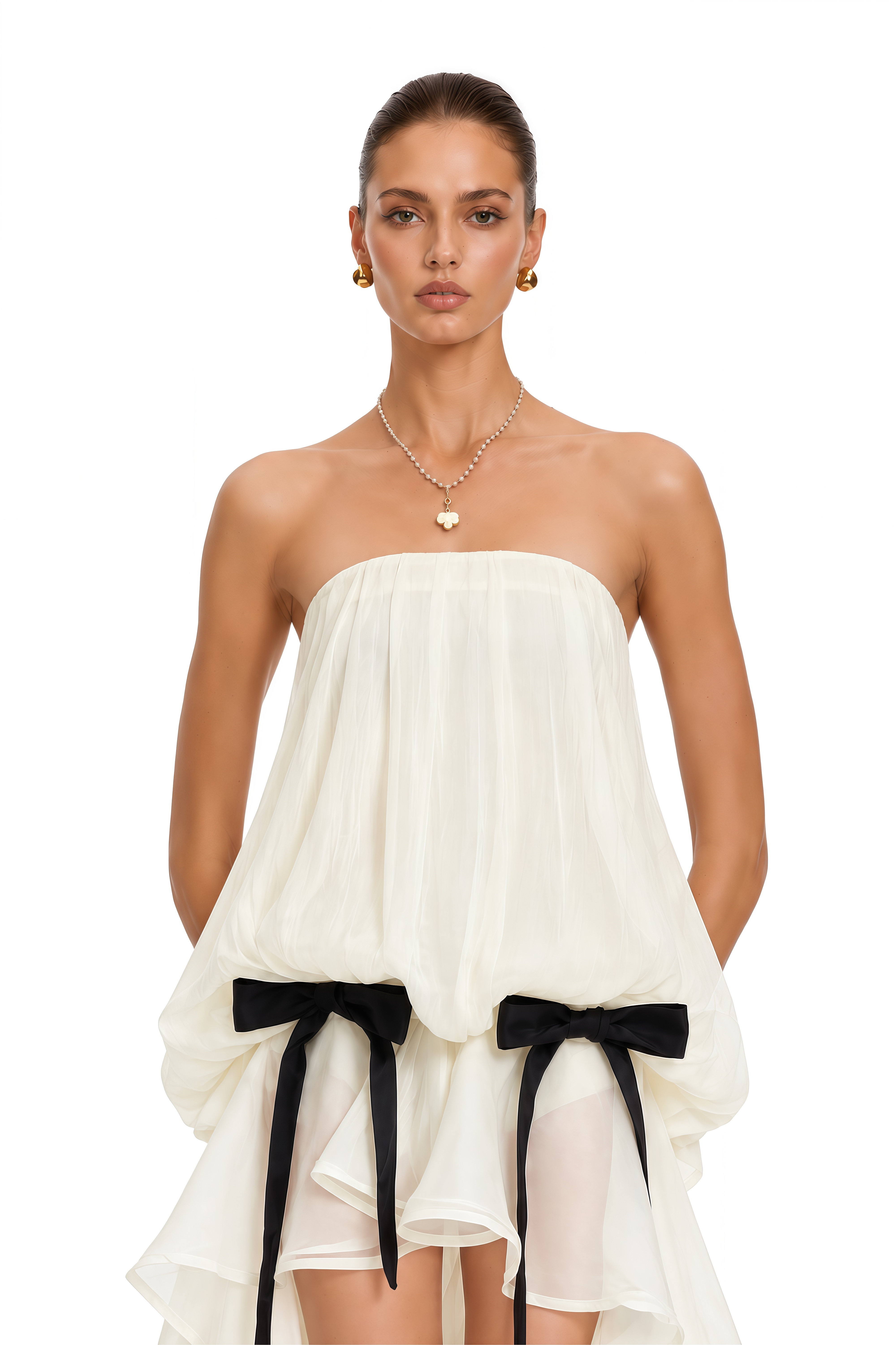 Rosario White Ruched Mini Dress with Bow