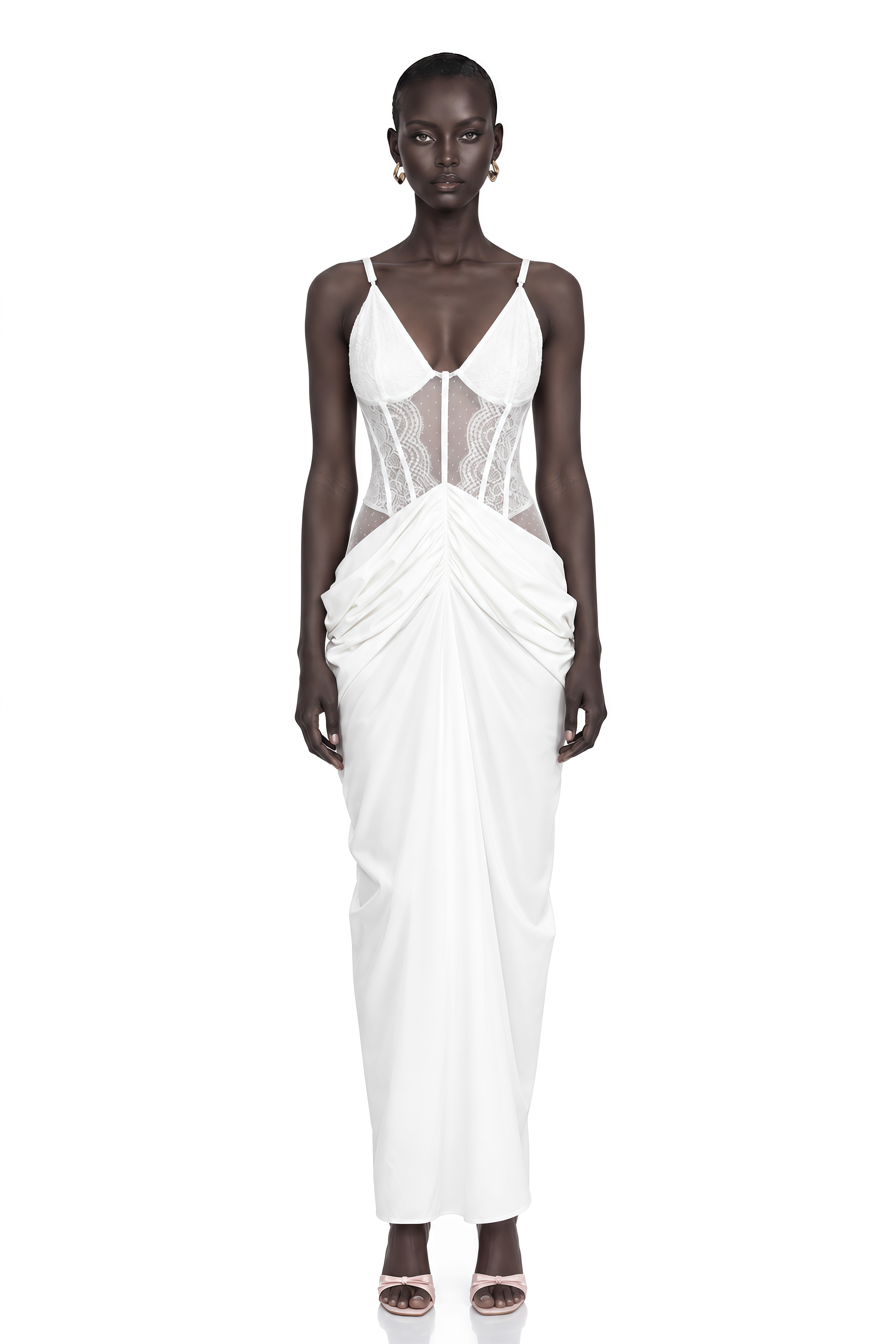 Viktoria White Semi-Sheer Lace Panel Maxi Dress
