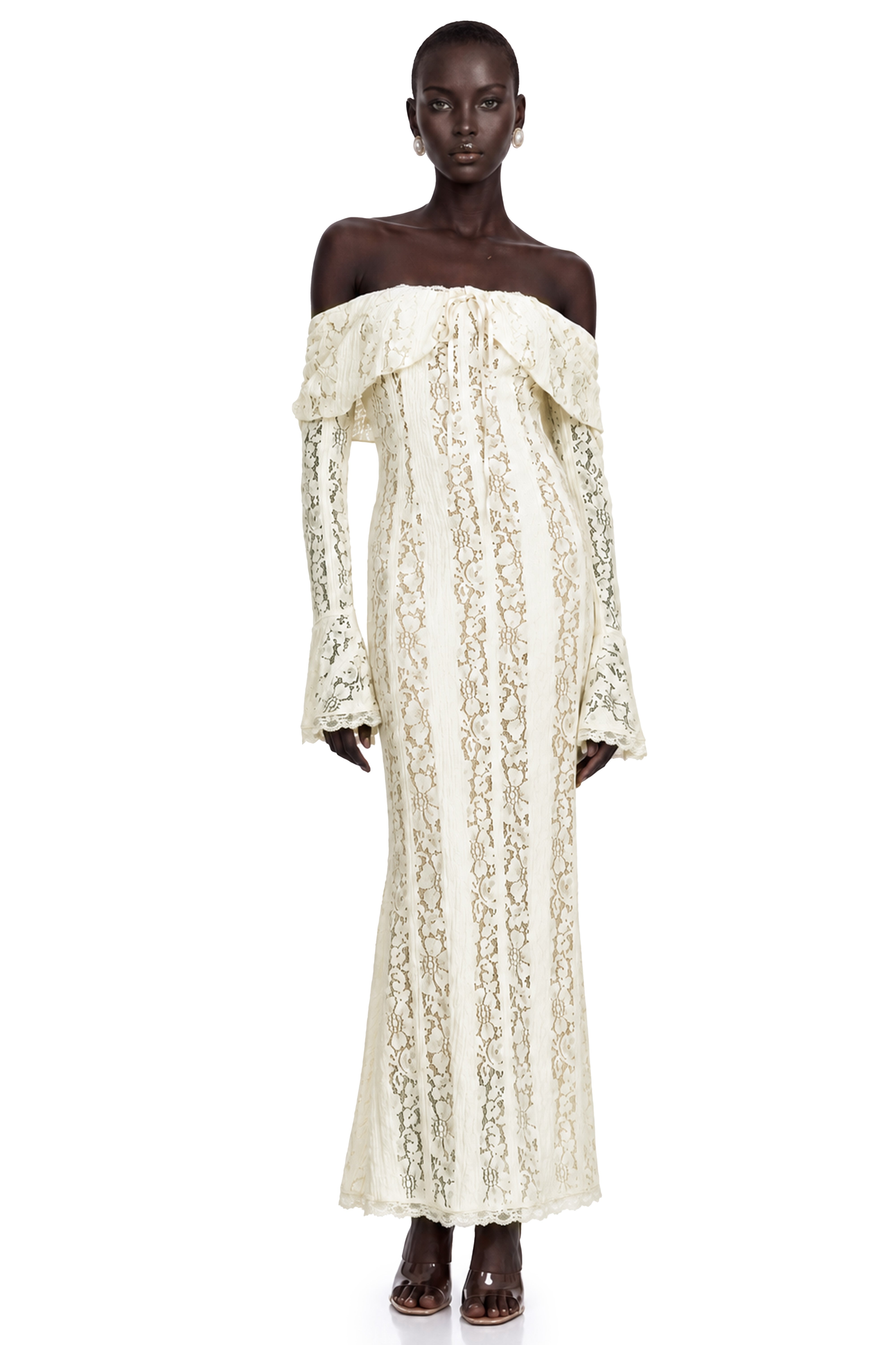 Émeline Floral Lace Flared-Cuff Maxi Dress in Neutrals – Miss