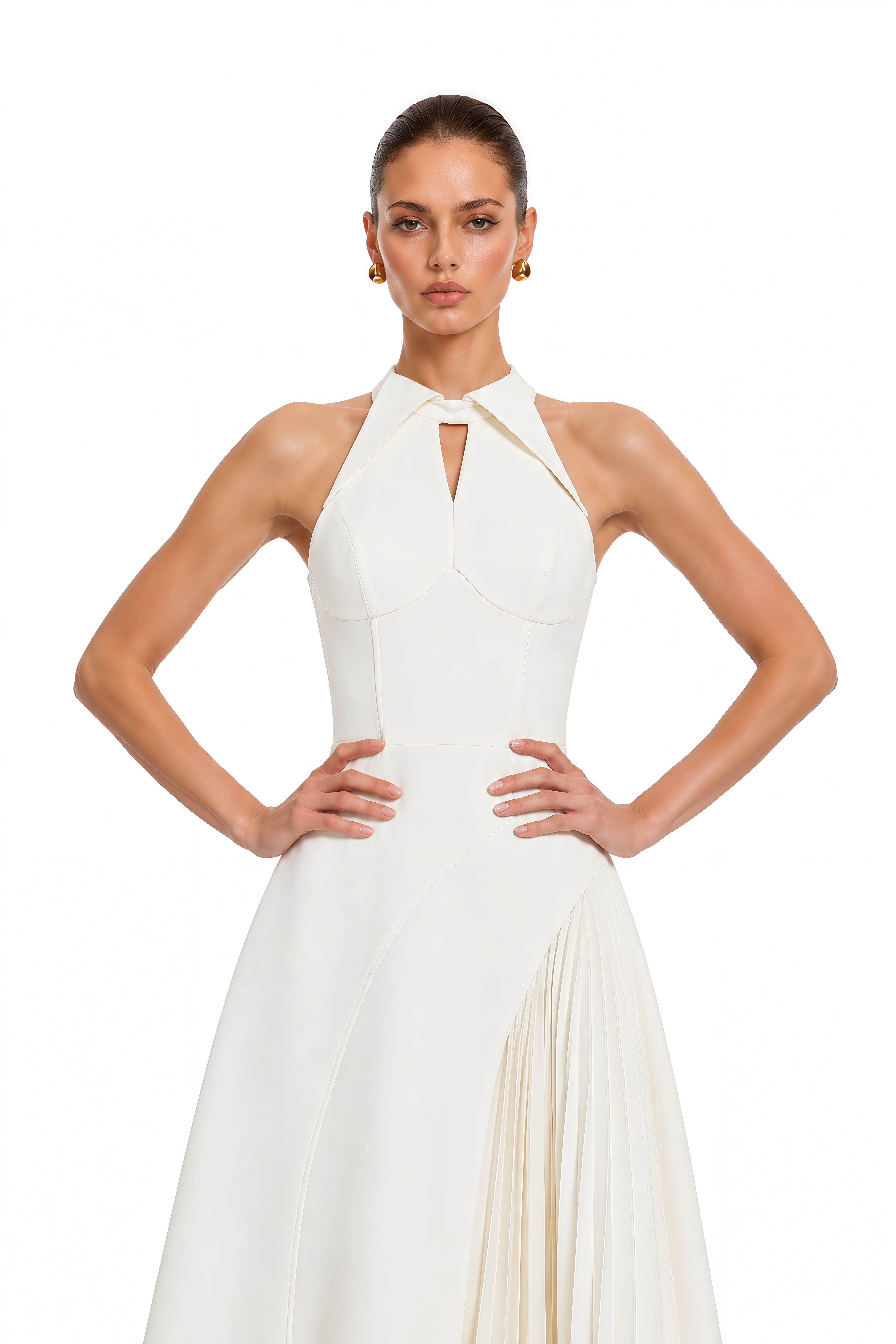 Griselda Neutral Halterneck Ruched Midi Dress