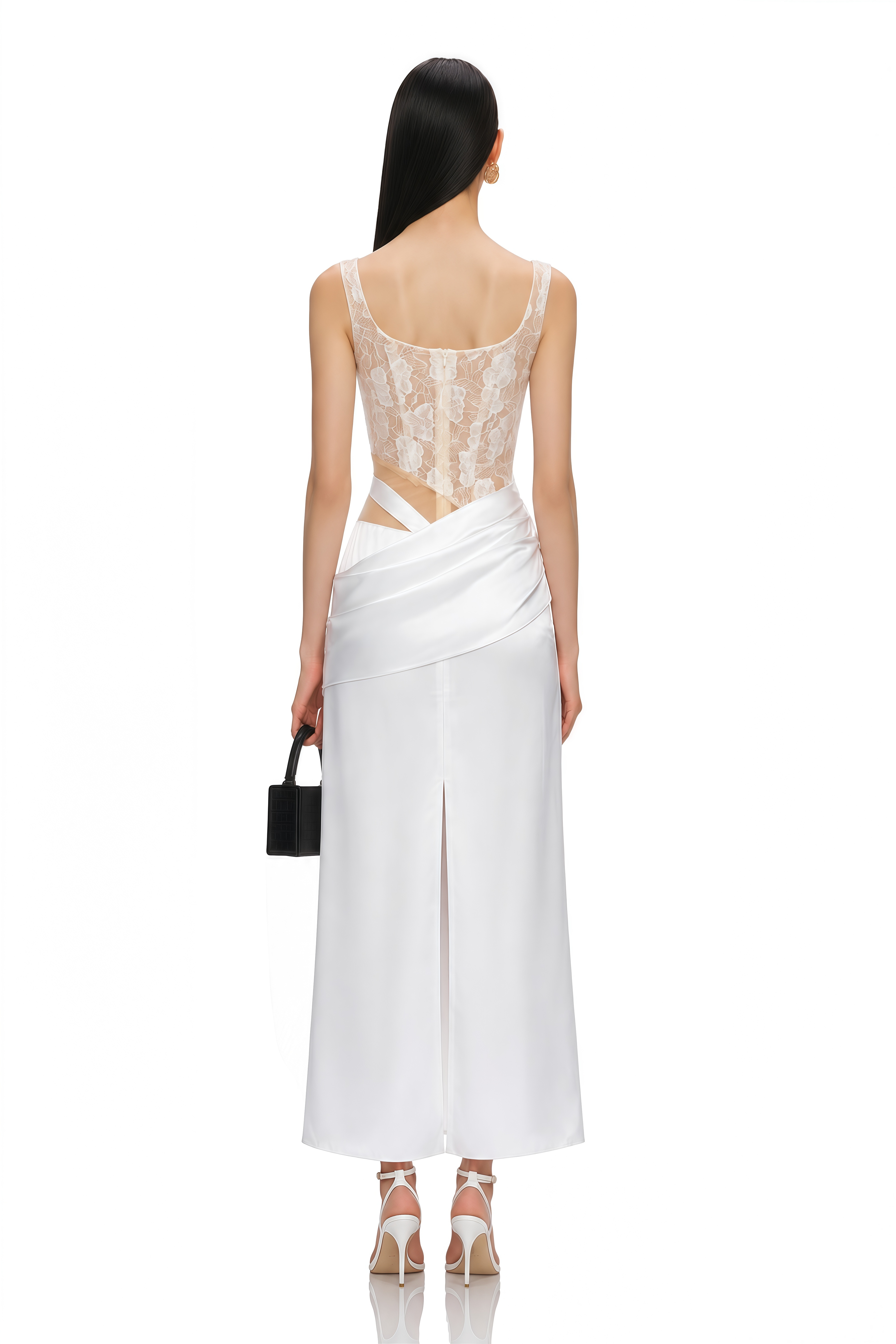 Lorraine White Satin Maxi Dress with Lace Cut-Outs