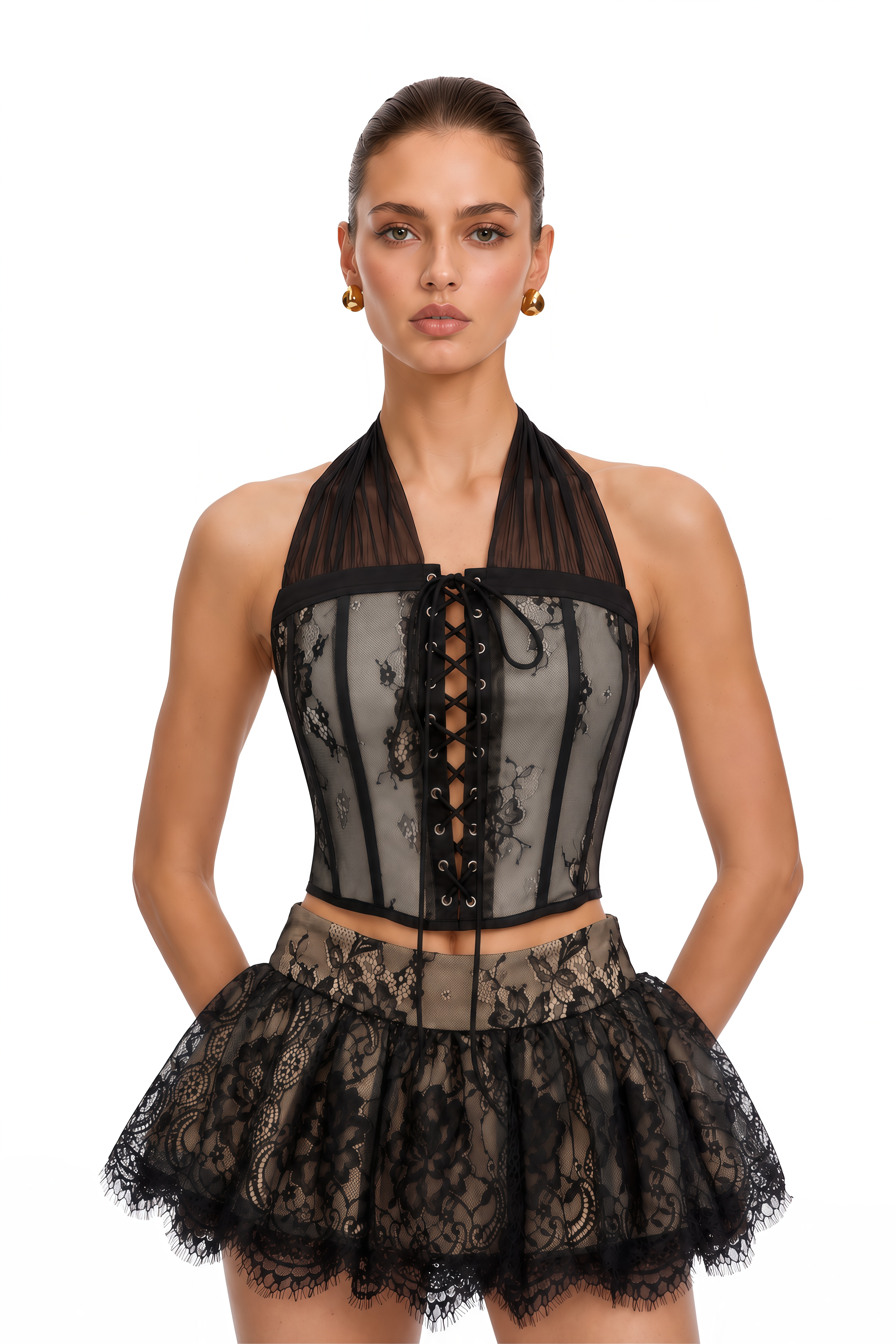 Lois Black Halterneck Lace Ruffled Top & Skirt Set