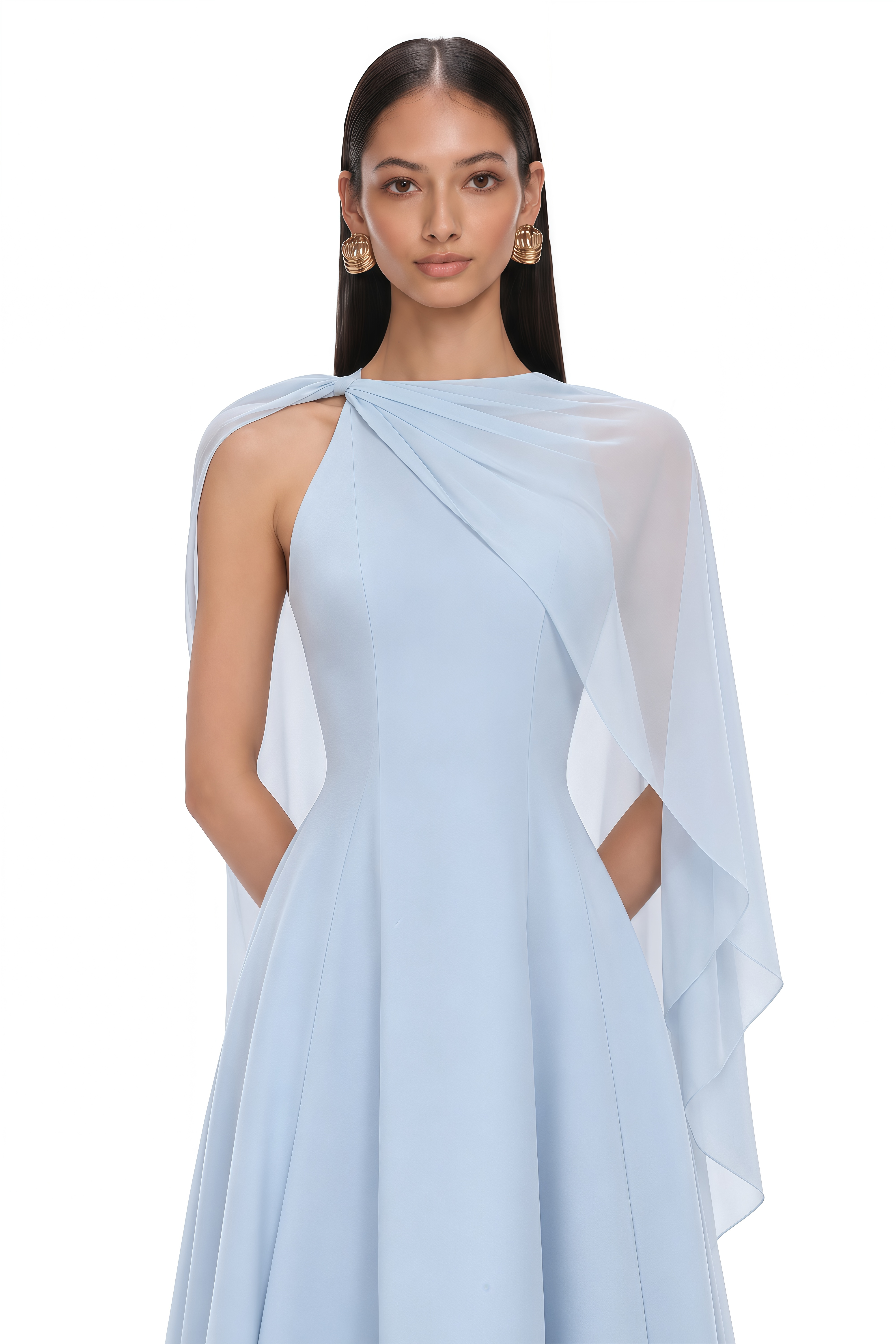 Renee Baby Blue Sleeveless Midi Dress with Draped Cape