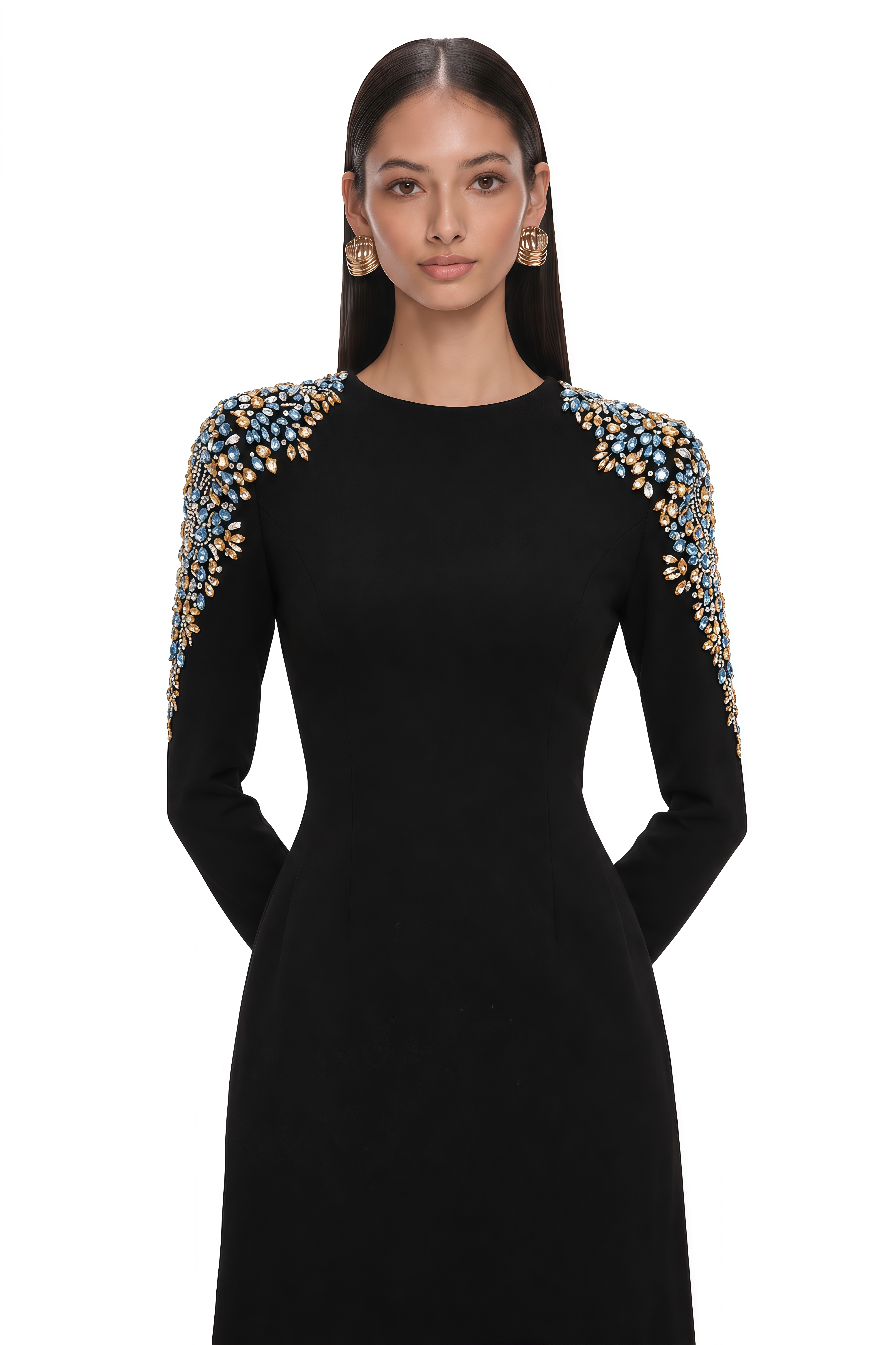 Maelys Black Crystal-Embellished Midi Dress