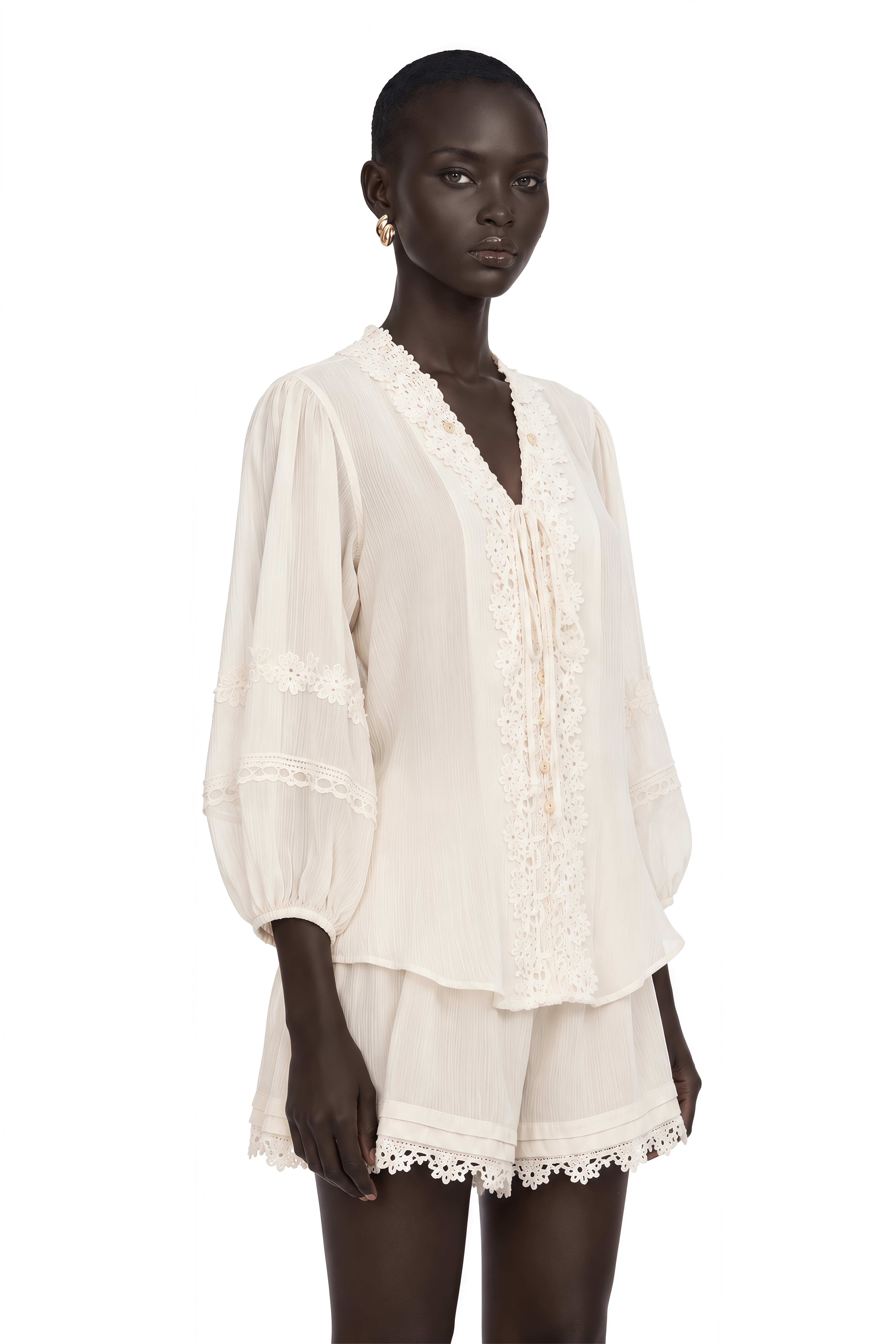 Leonie Ivory V-Neck Blouse & Shorts Set with Floral Applique
