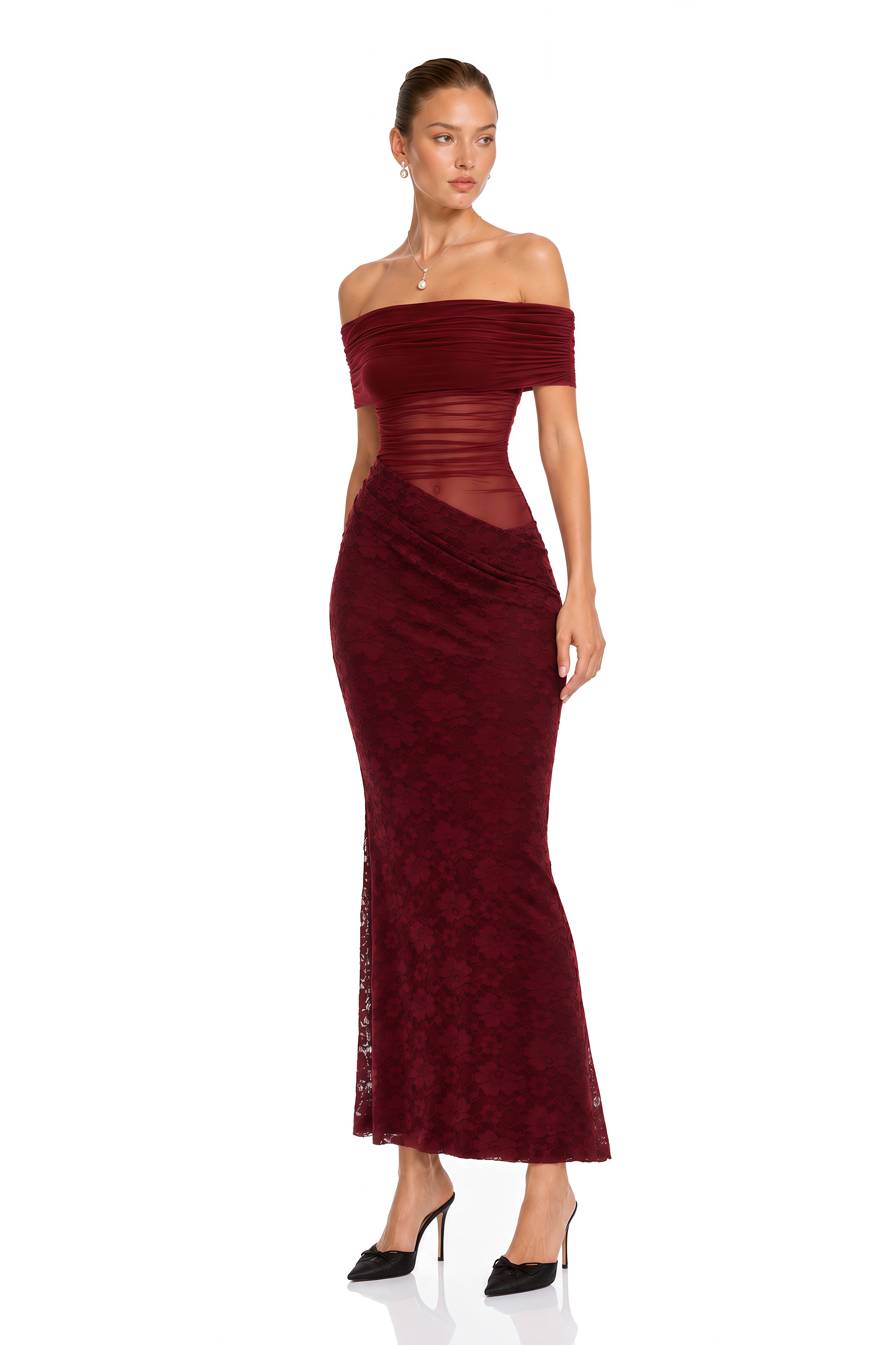 Dianthe Red Lace Panel Mesh Midi Dress