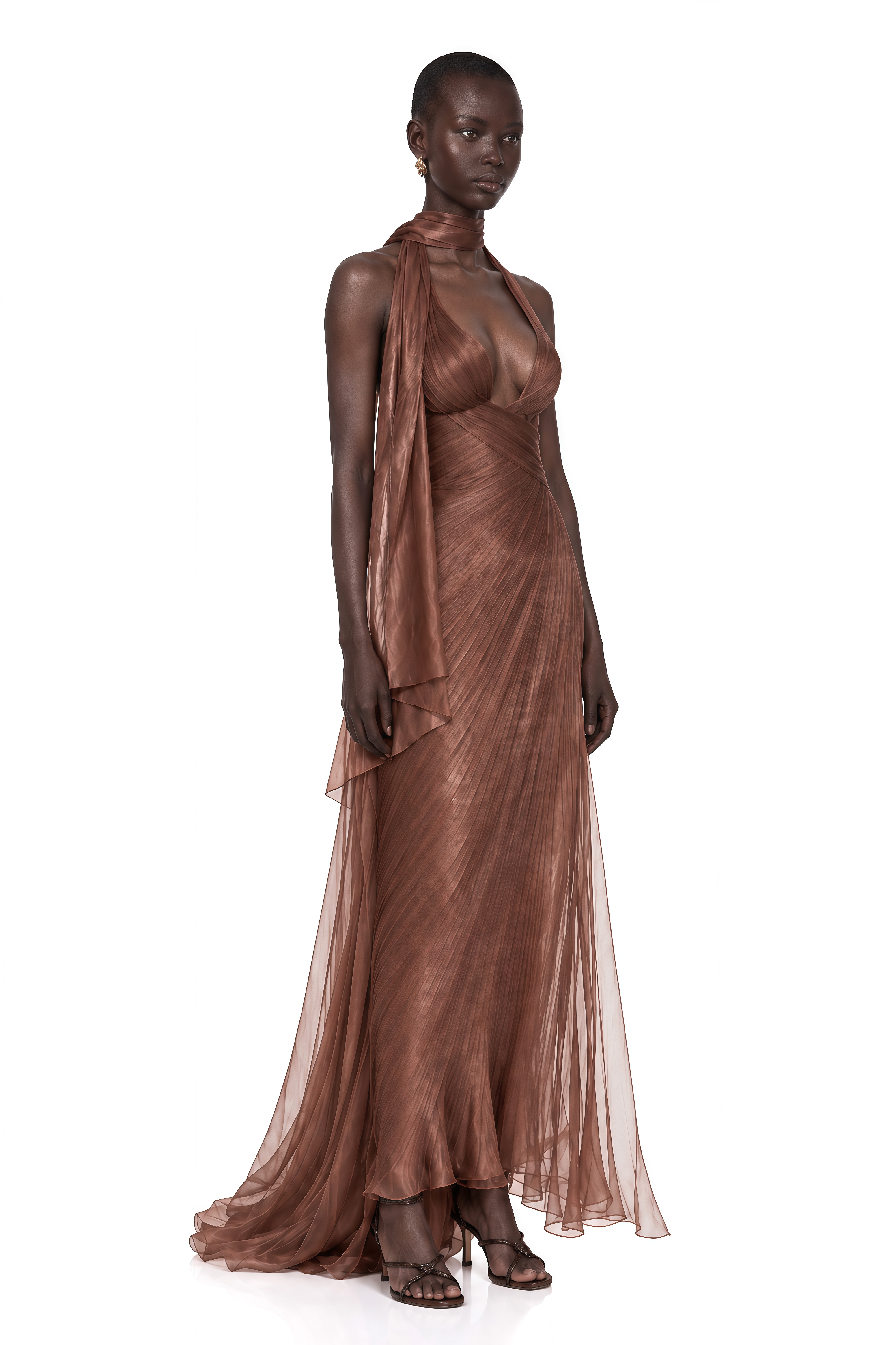Priscilla Bronze Pleated Halter Plunge Maxi Dress