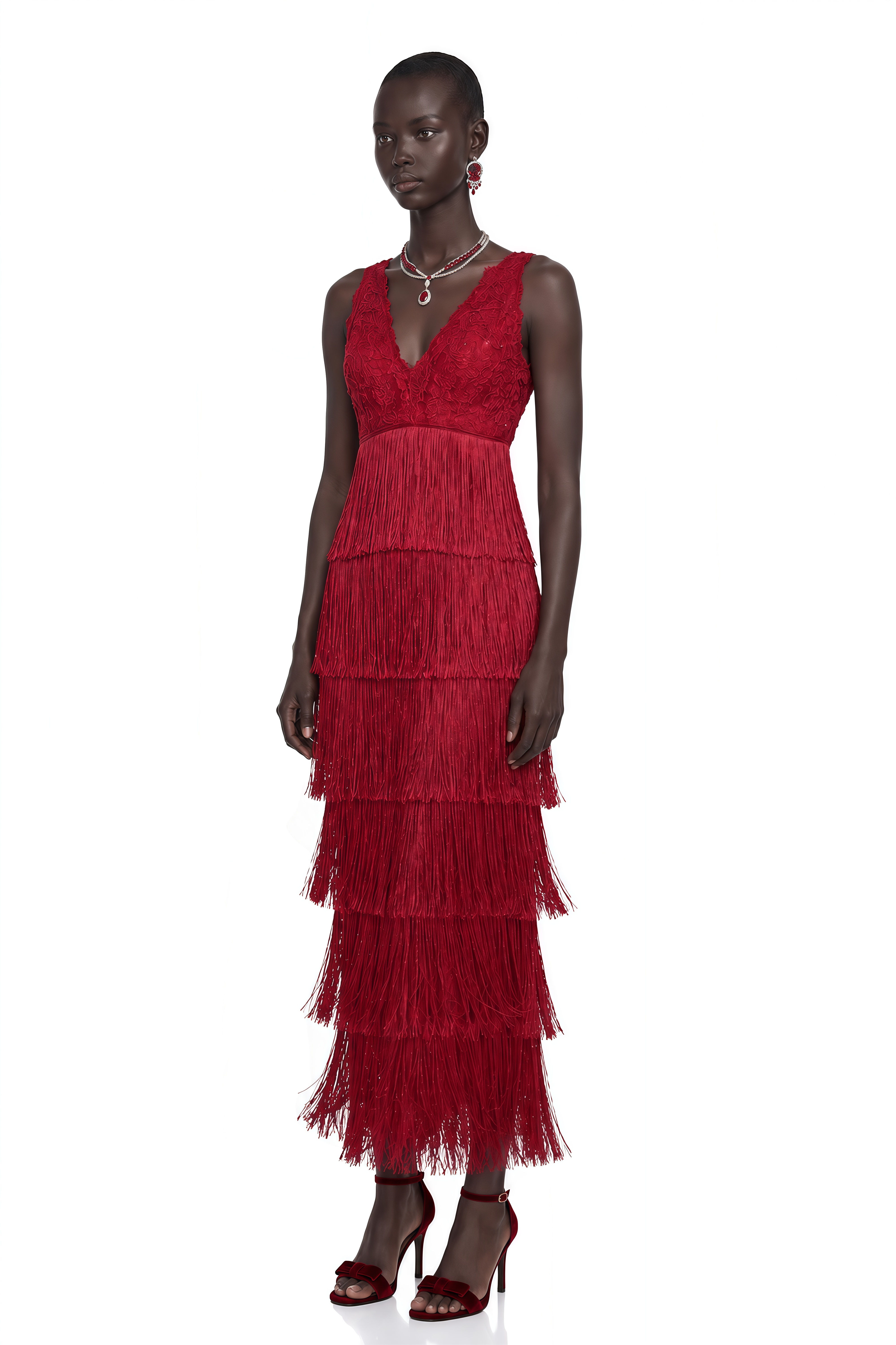 Isoldeia Red Sleeveless Lace Maxi Dress