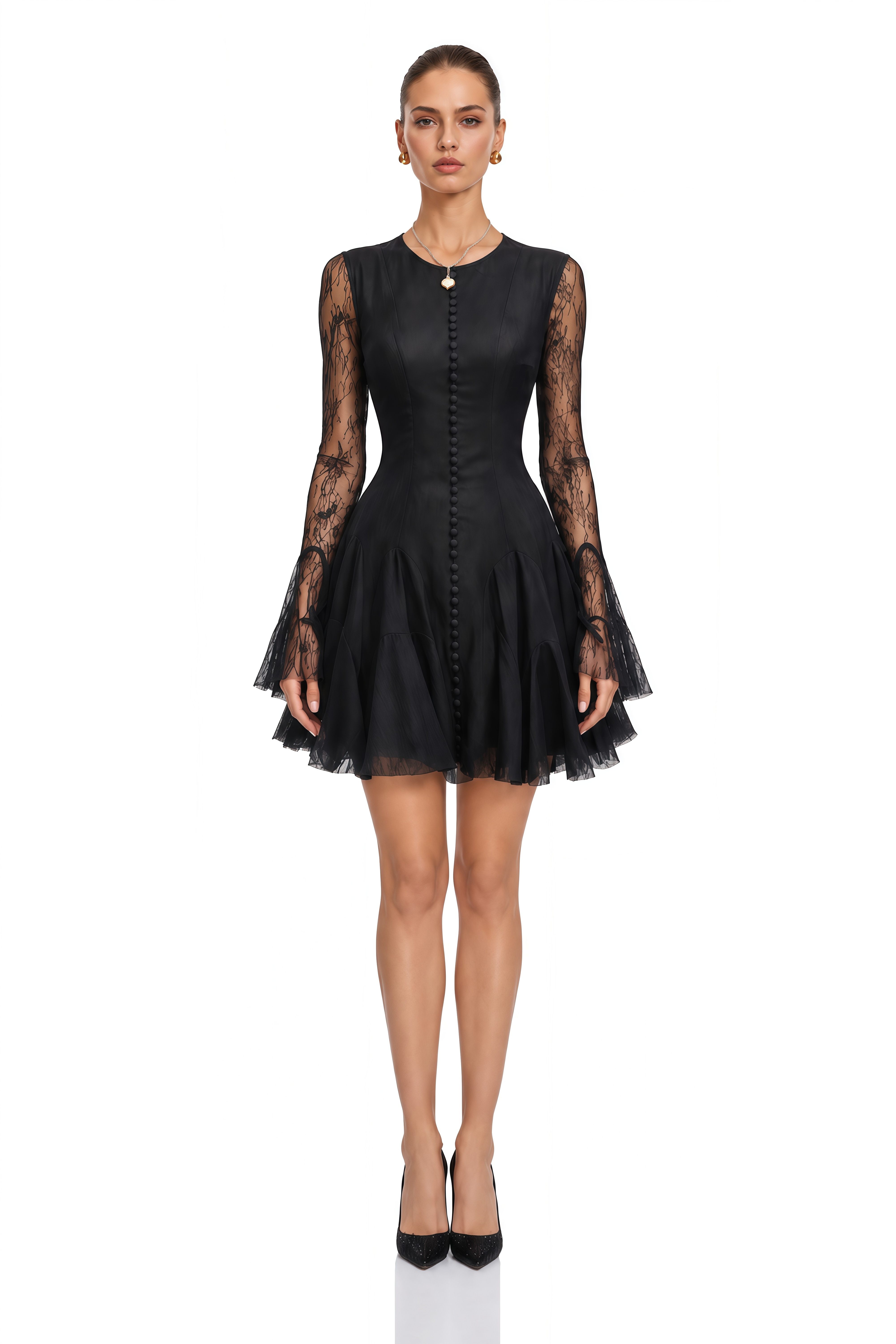 Pamela Black Ruffled Mini Dress with Lace Panels