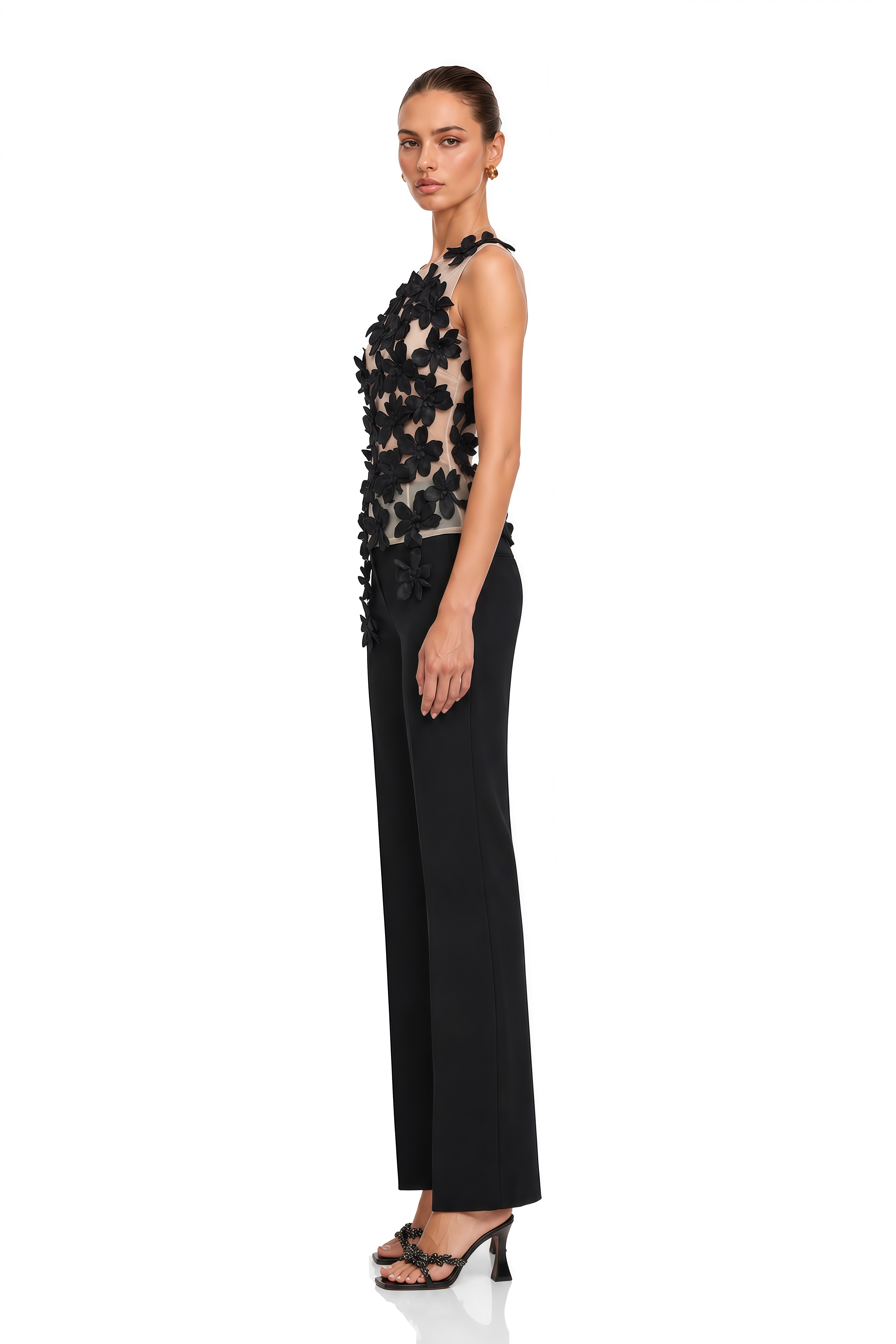 Letizia Black Vest Top with Floral Applique