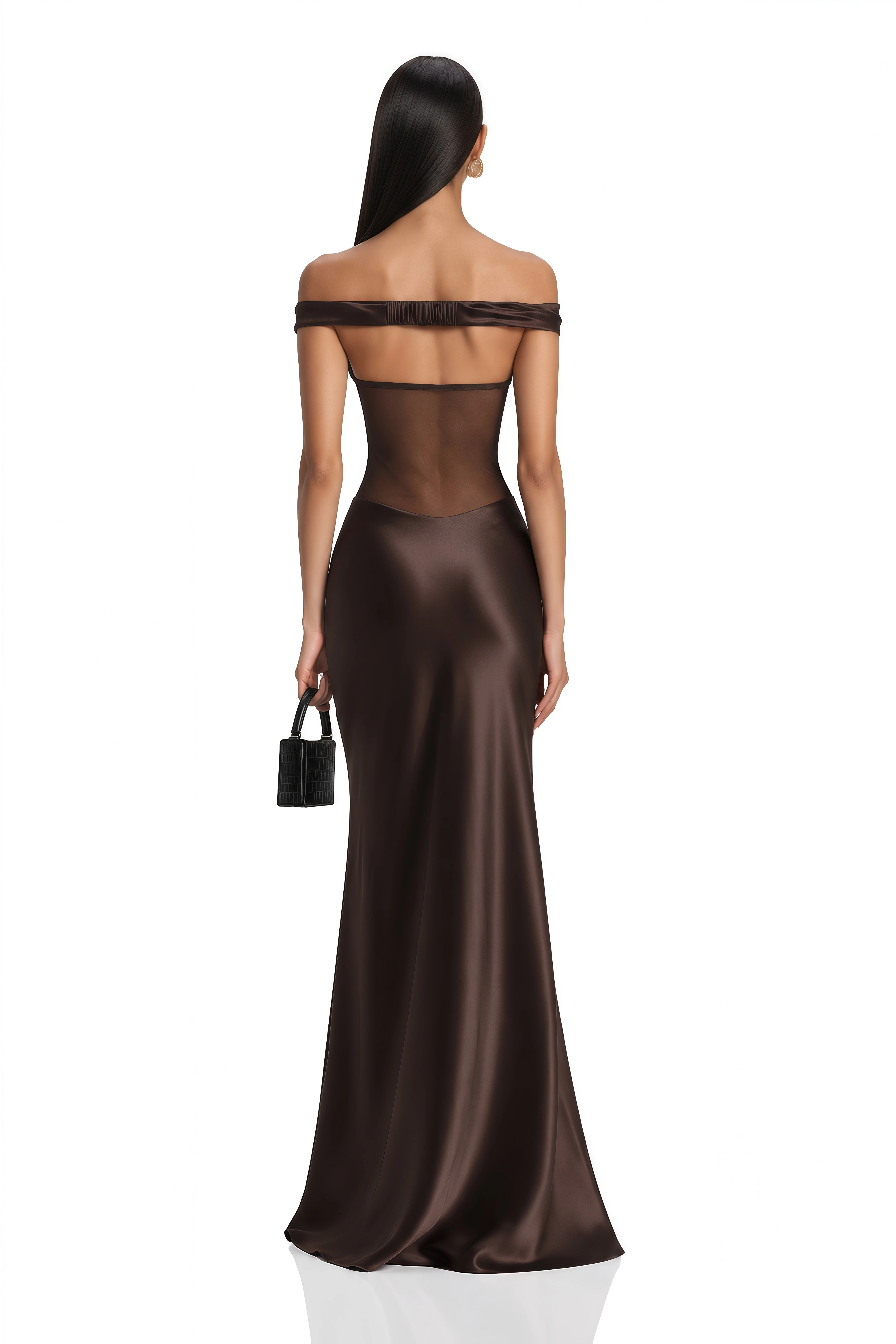 Gitta Brown Off Shoulder Satin Maxi Gown