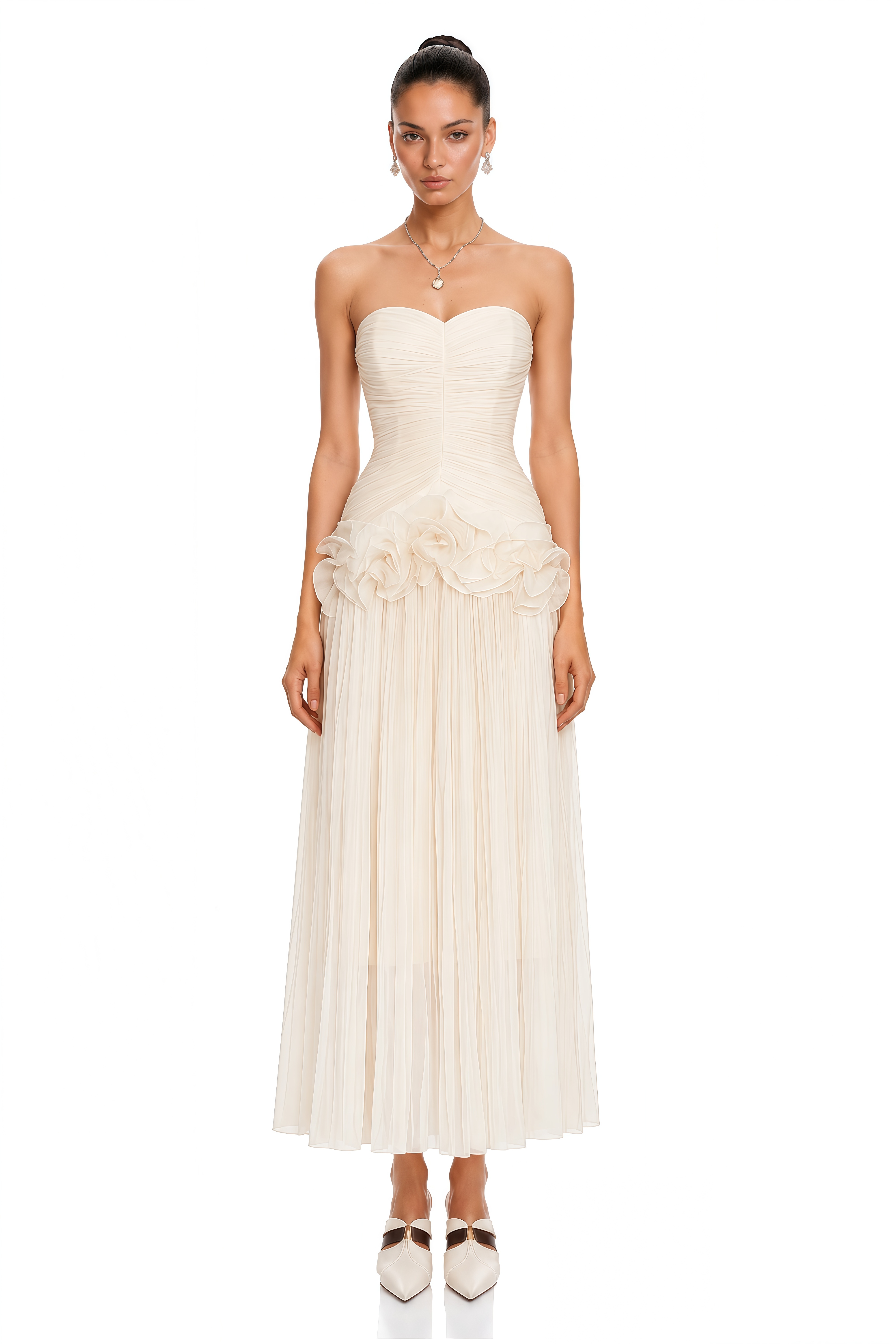 Céleste Neutrals Ruffled Pleated Maxi Dress