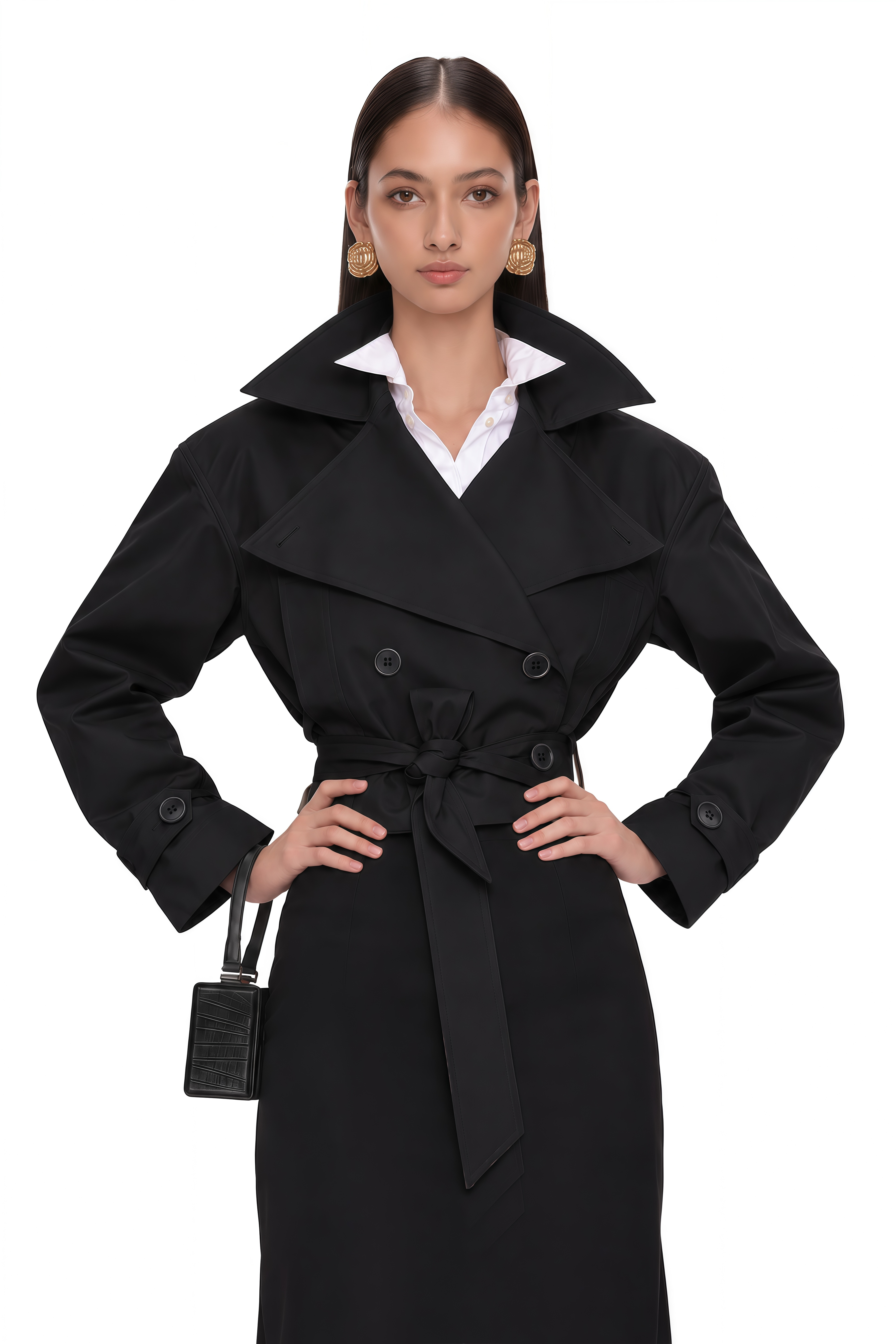 Avril Black Double-Breasted Short Trench Coat