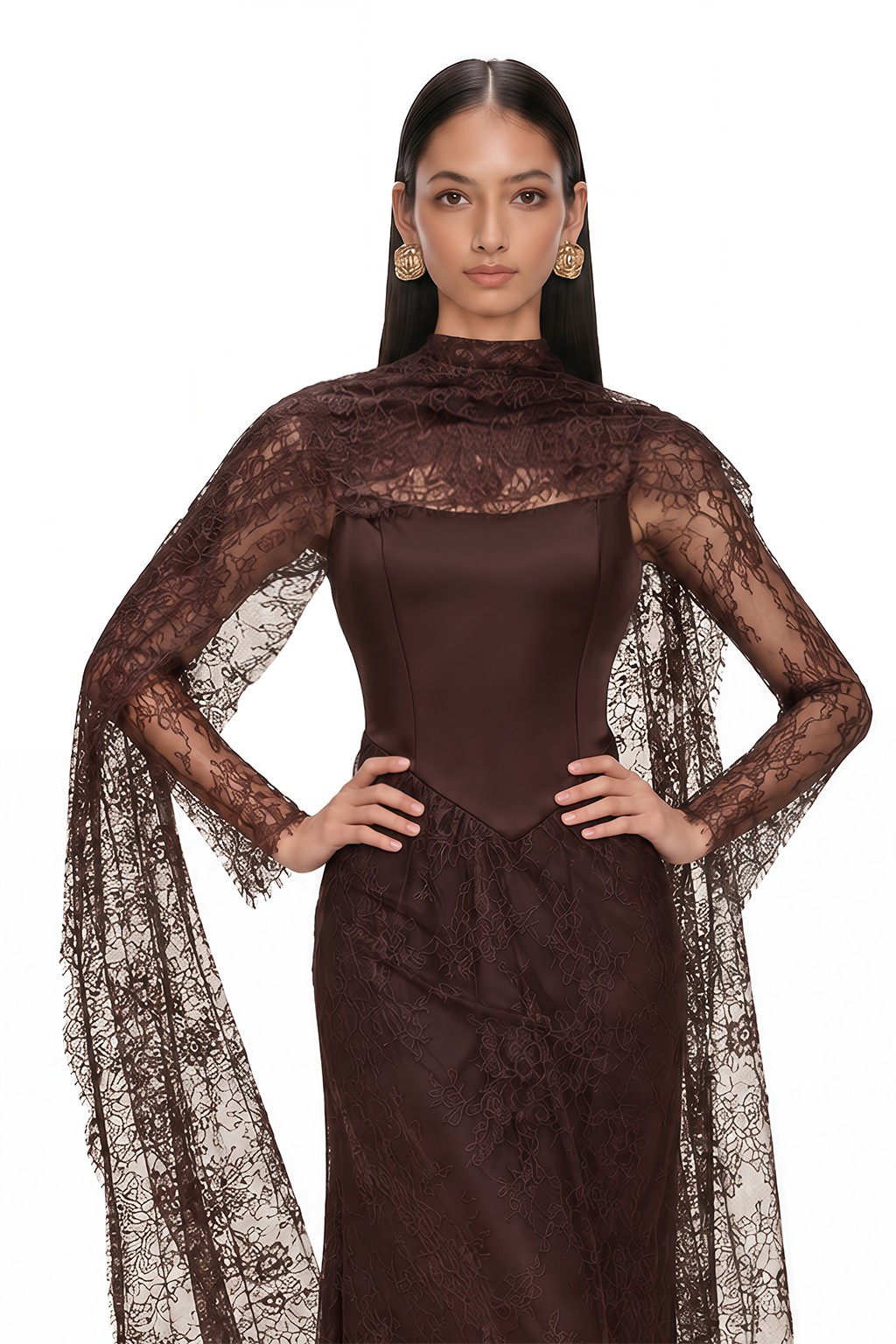 Christa Brown Floral Lace Maxi Dress with Cape