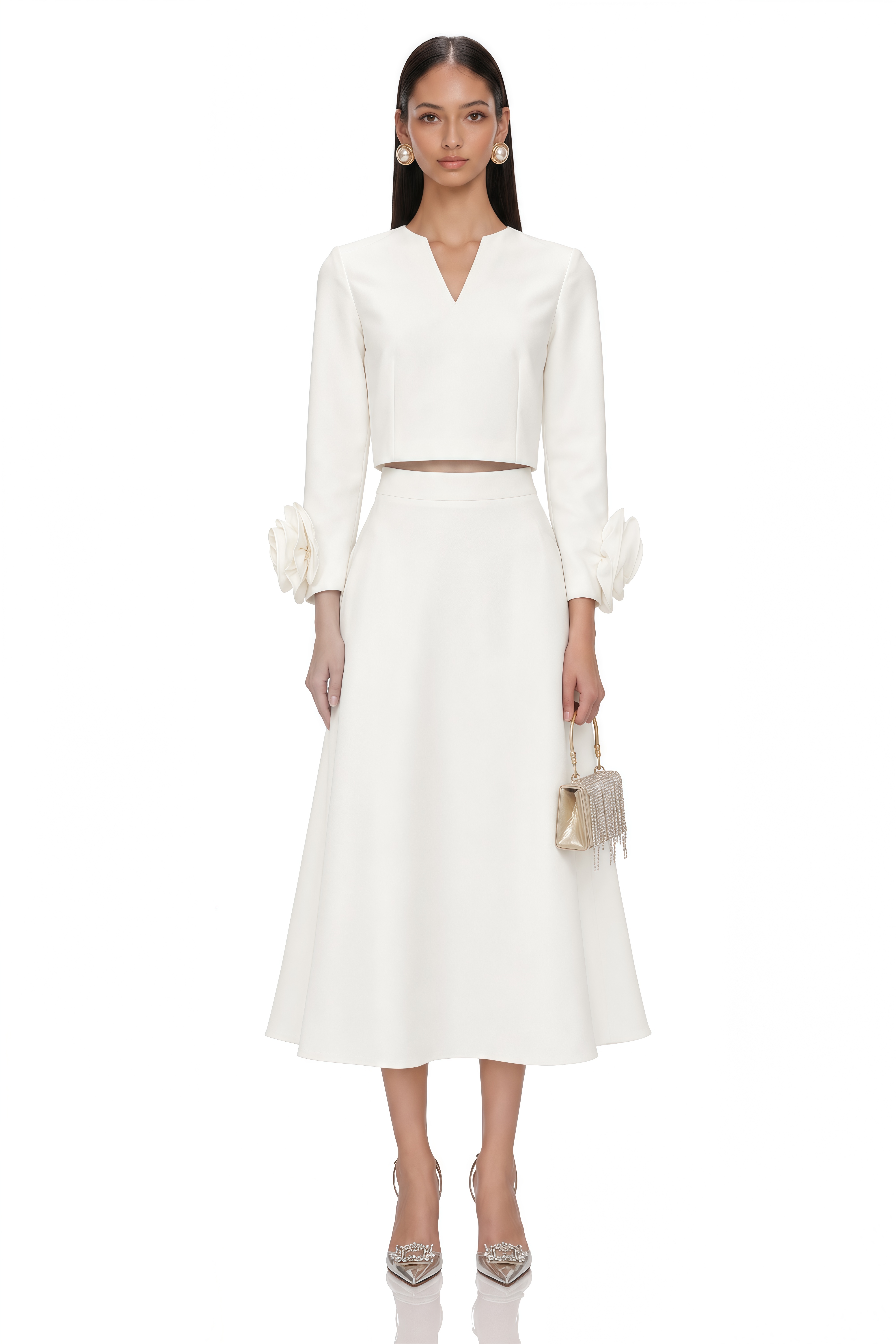 Hilaire White 3D-Petal Top & Skirt Matching Set