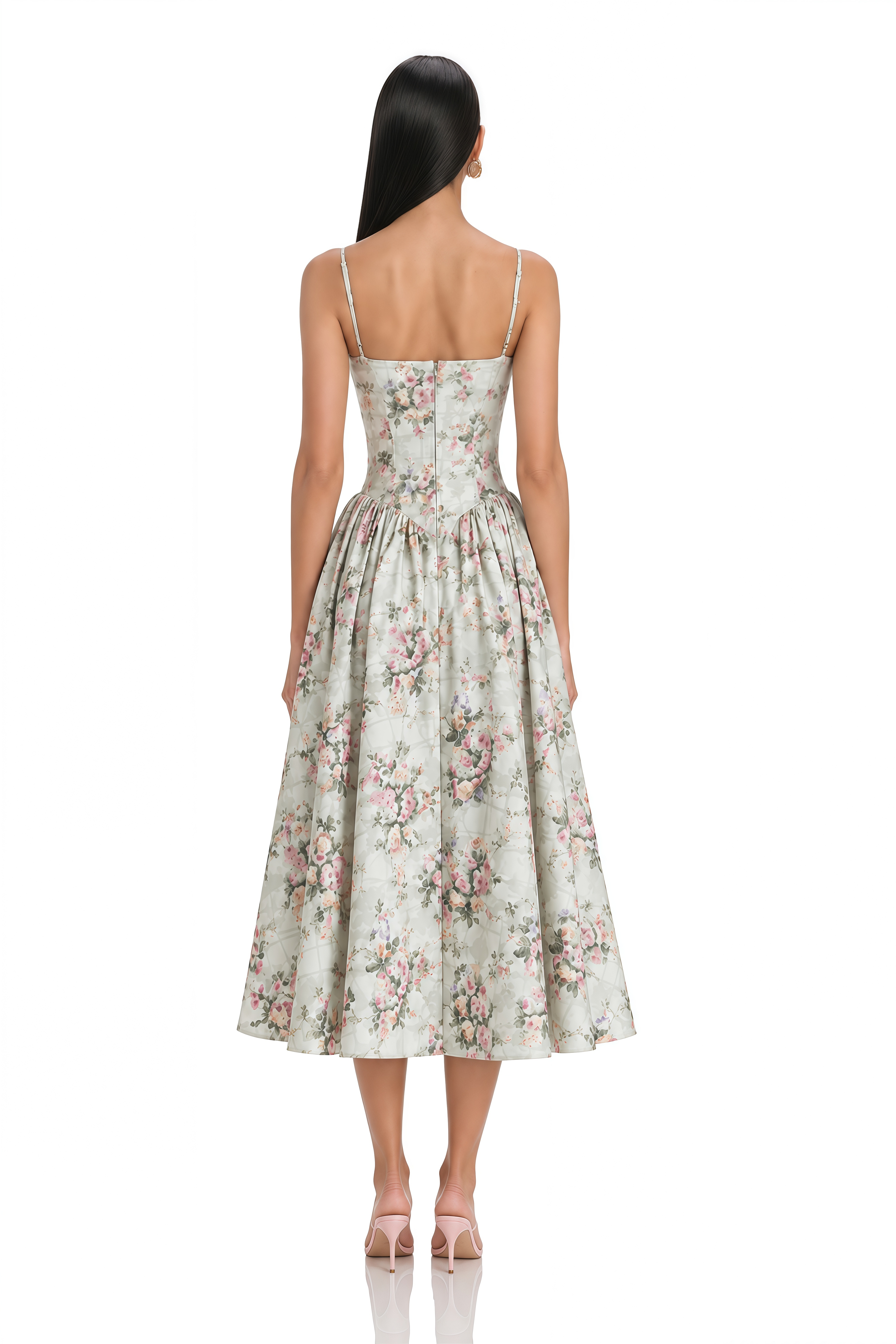 Prunelle Sage-Green Floral-Print Shirred Midi Dress