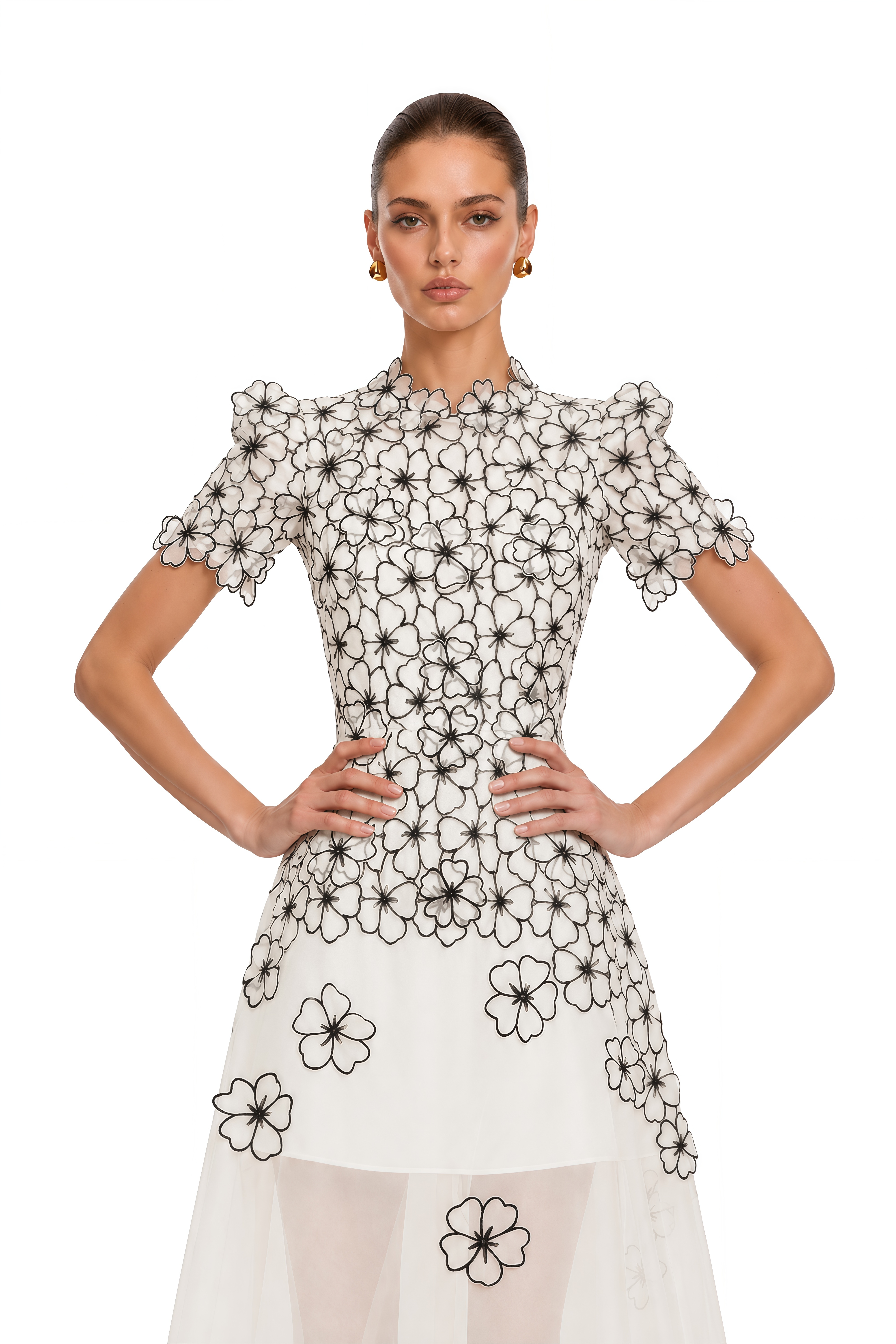 Yaelle White Floral Appliqué Tulle Midi Dress