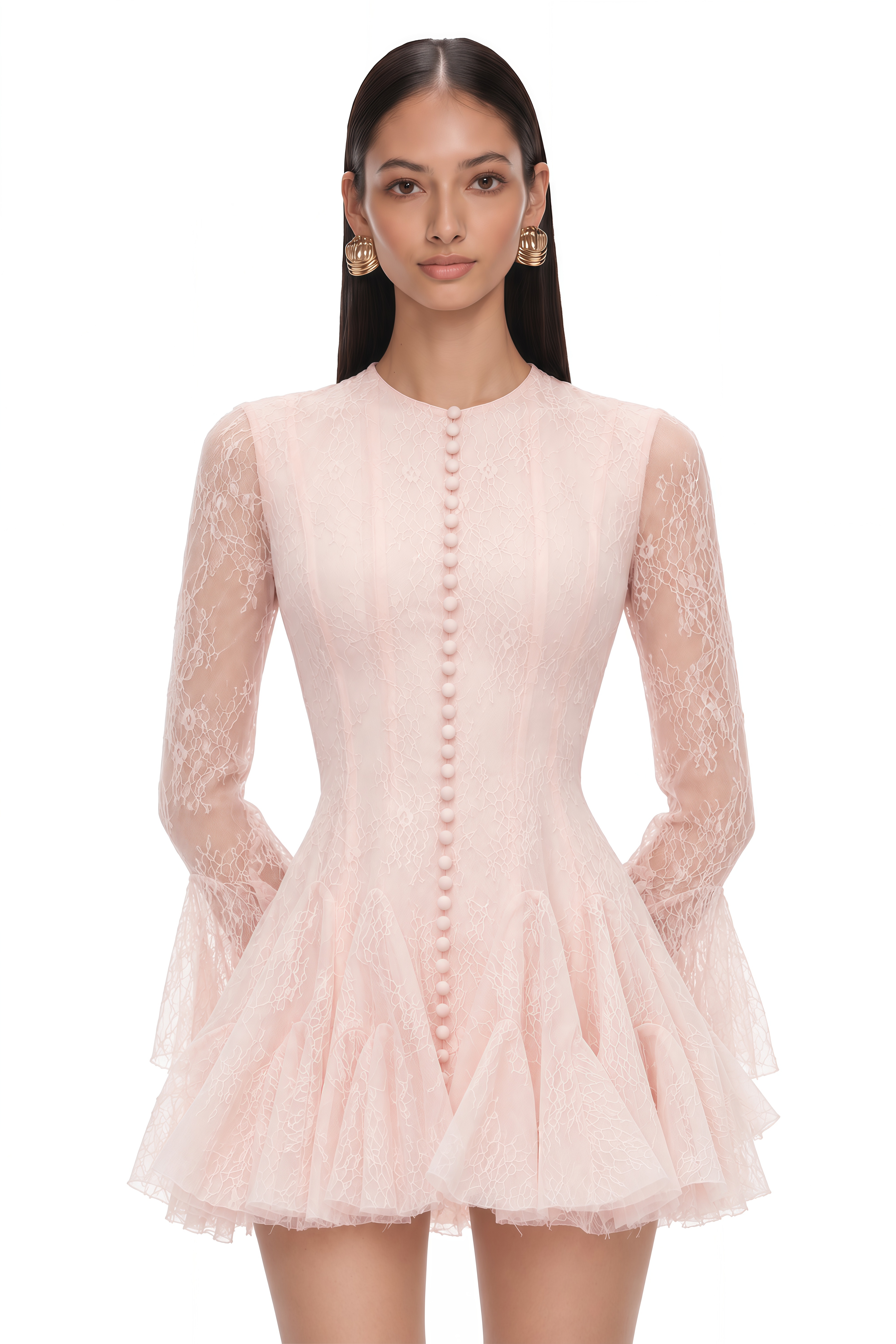 Pamela Pink Ruffled Mini Dress with Lace Panels