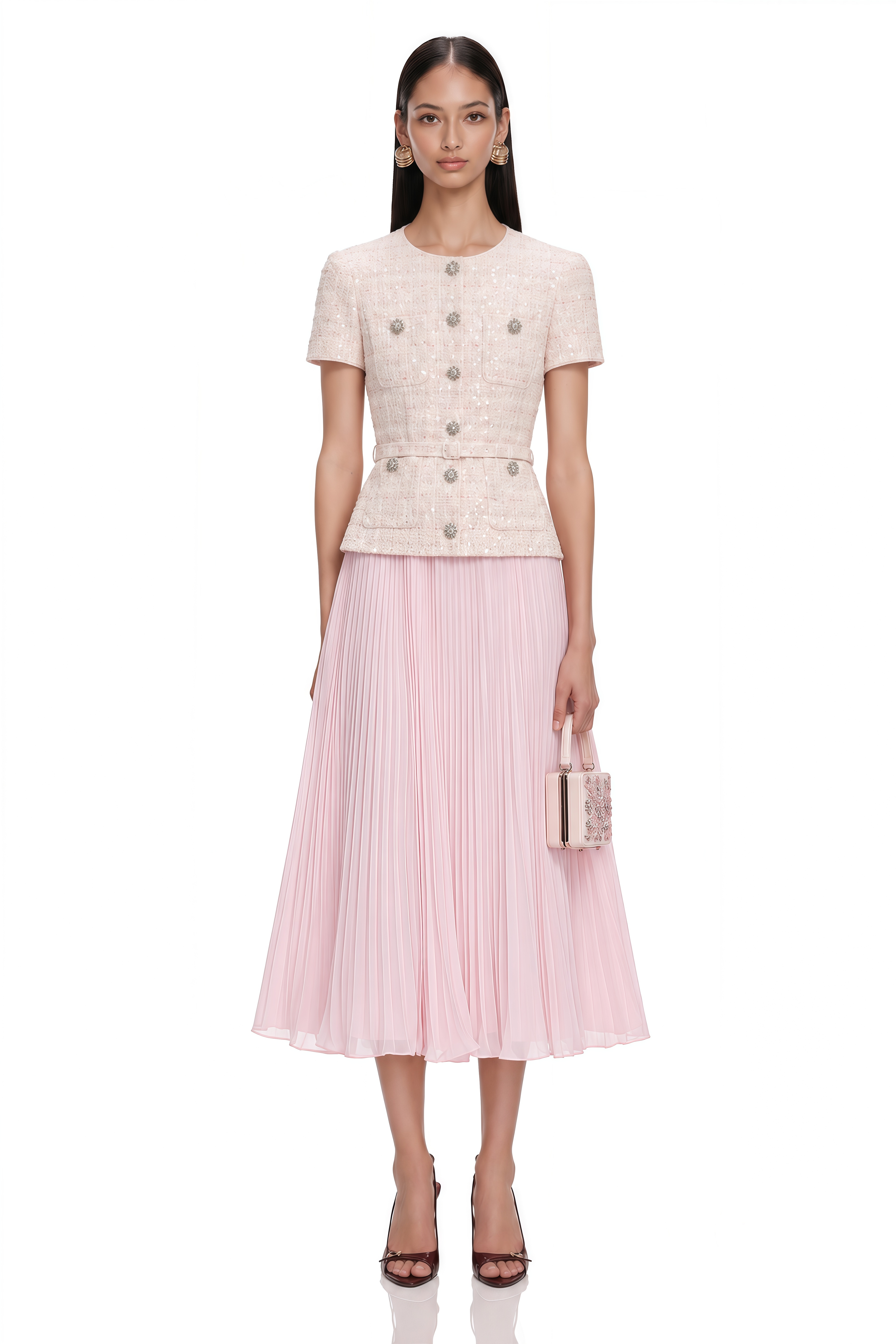 Tahmineh Pink Tweed Pleated Midi Dress