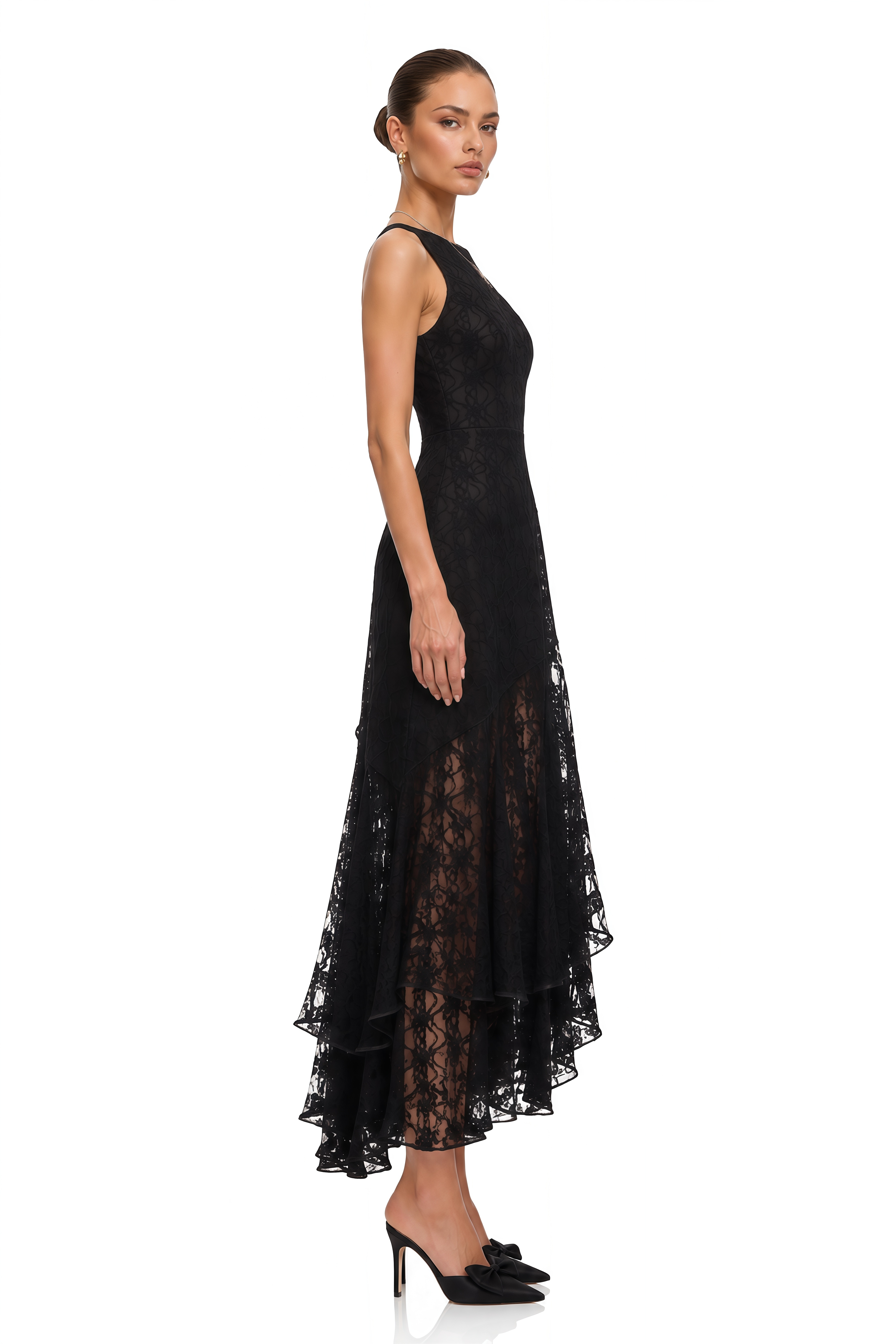 Jonah Black Lace Panel Ruffled Midi Dress