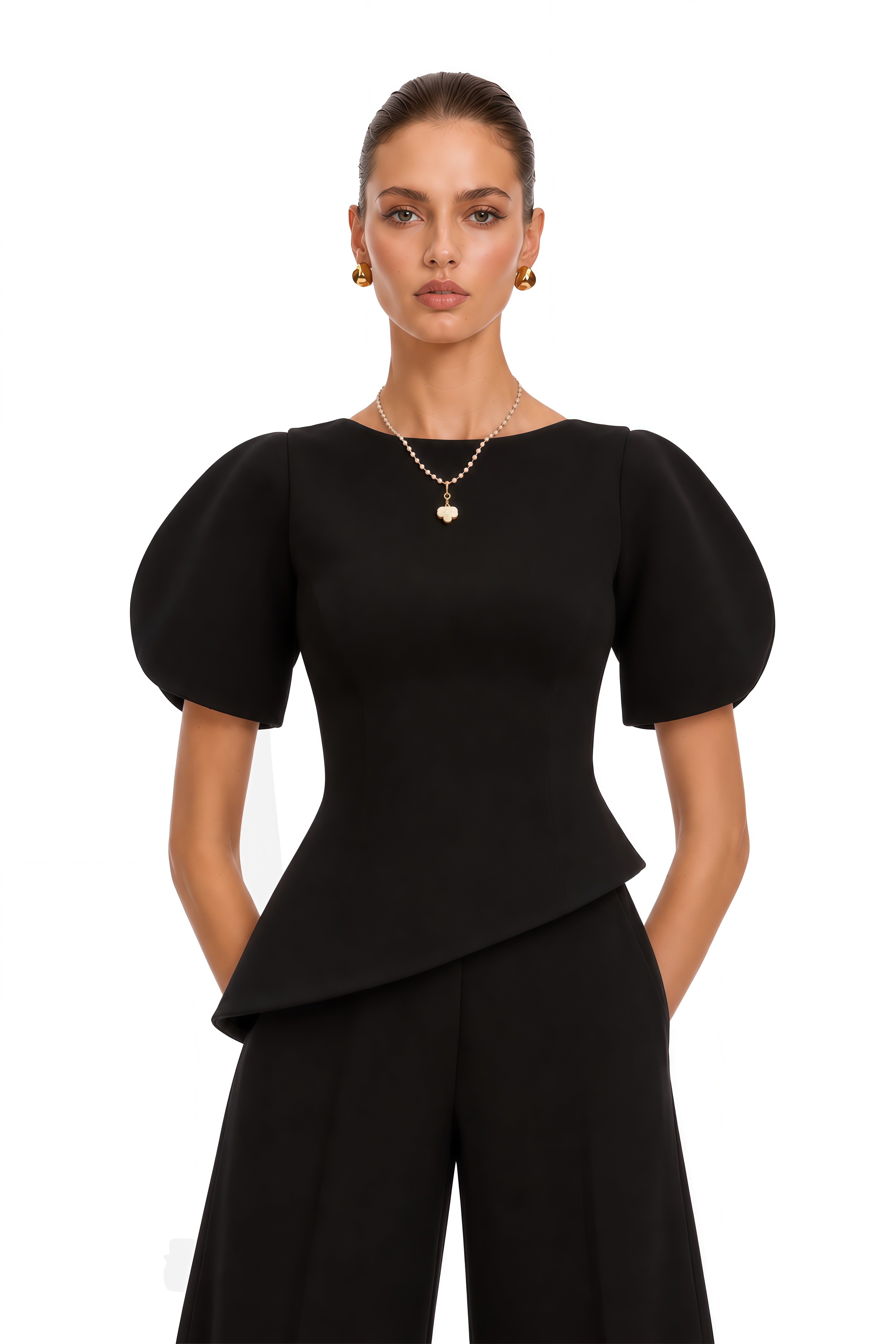 Uliana Black Puff Sleeve Top & Trousers Set