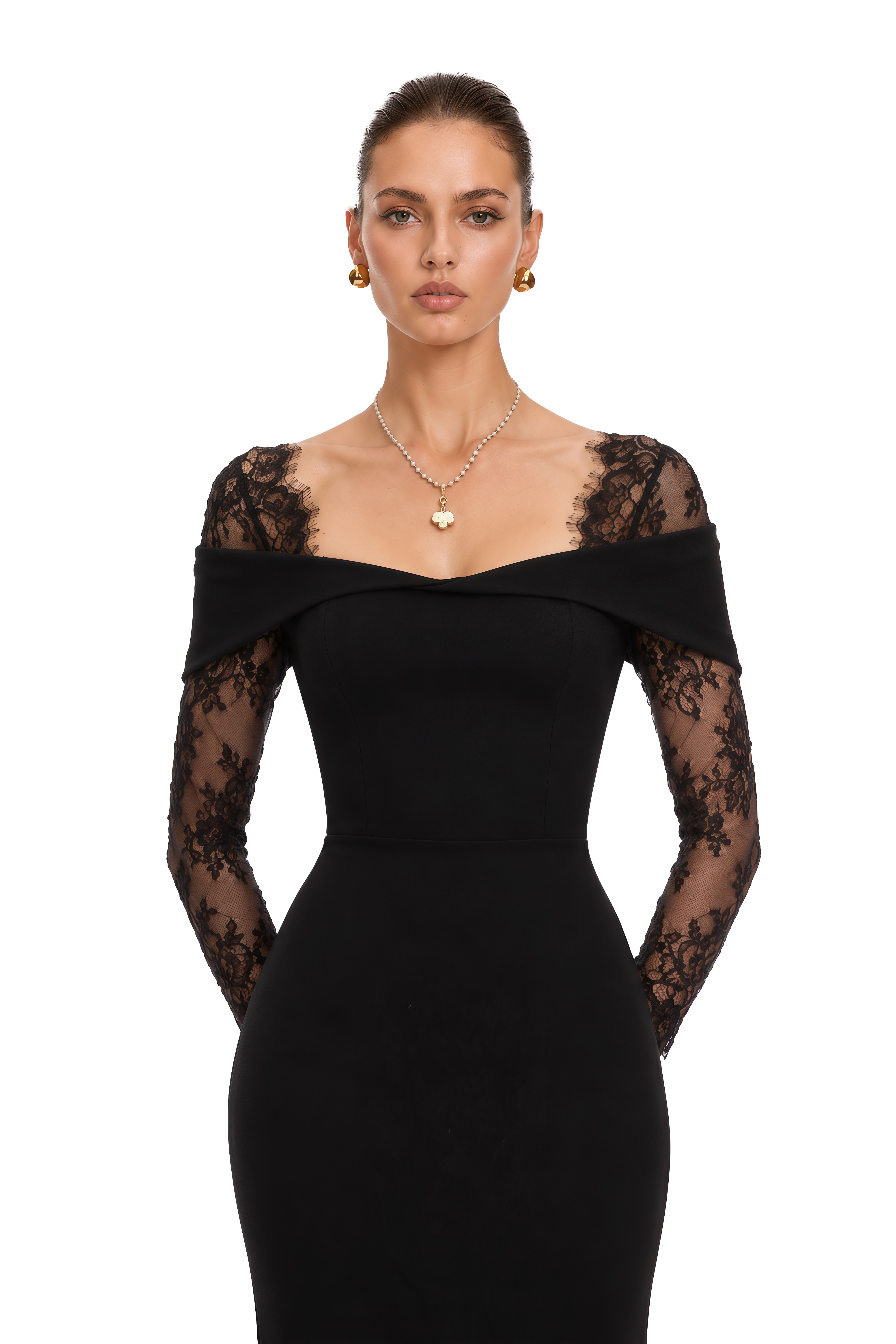 Georgiana Black Lace Panel Flared Maxi Gown