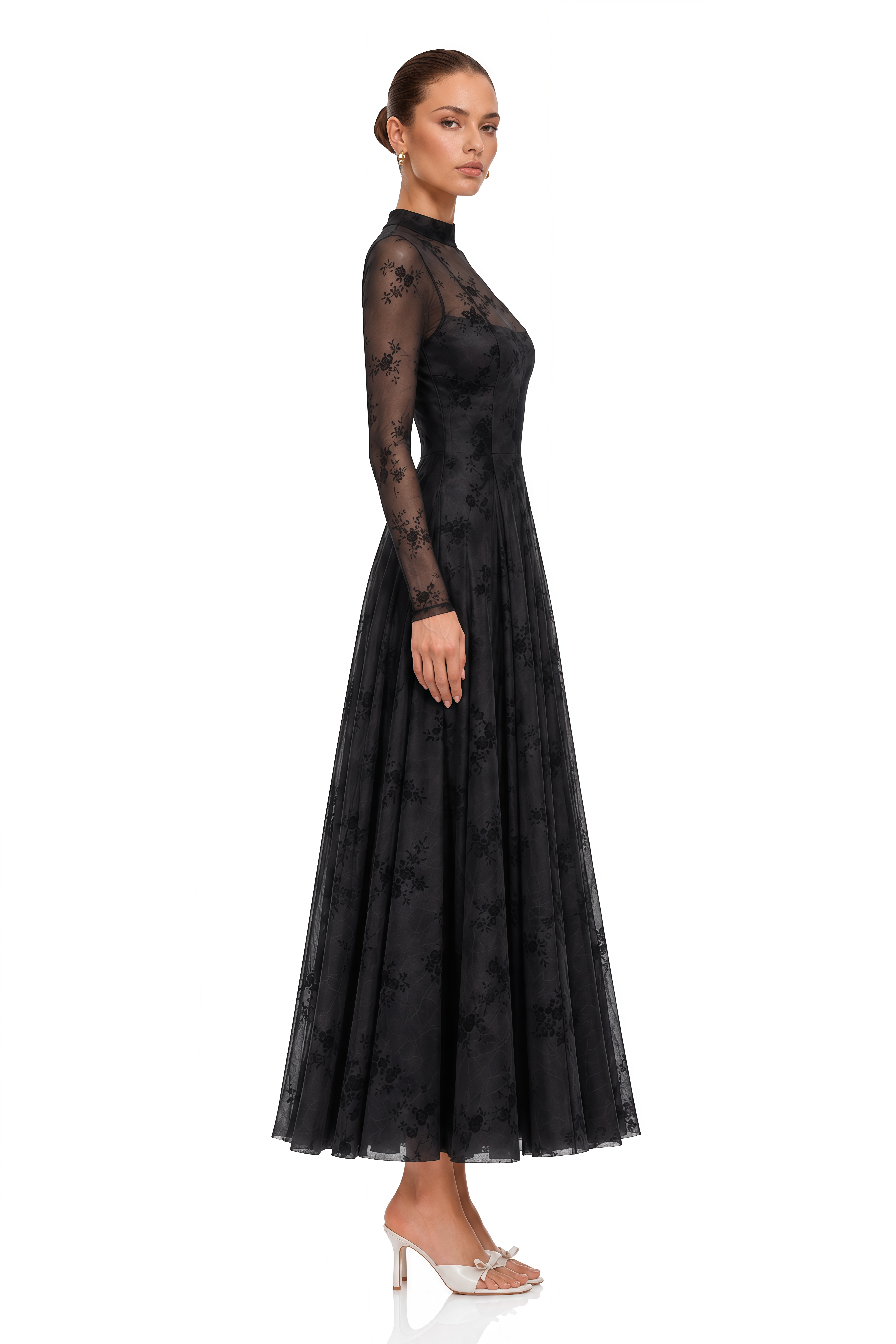 Ariadne Black Flocked Tulle Maxi Dress