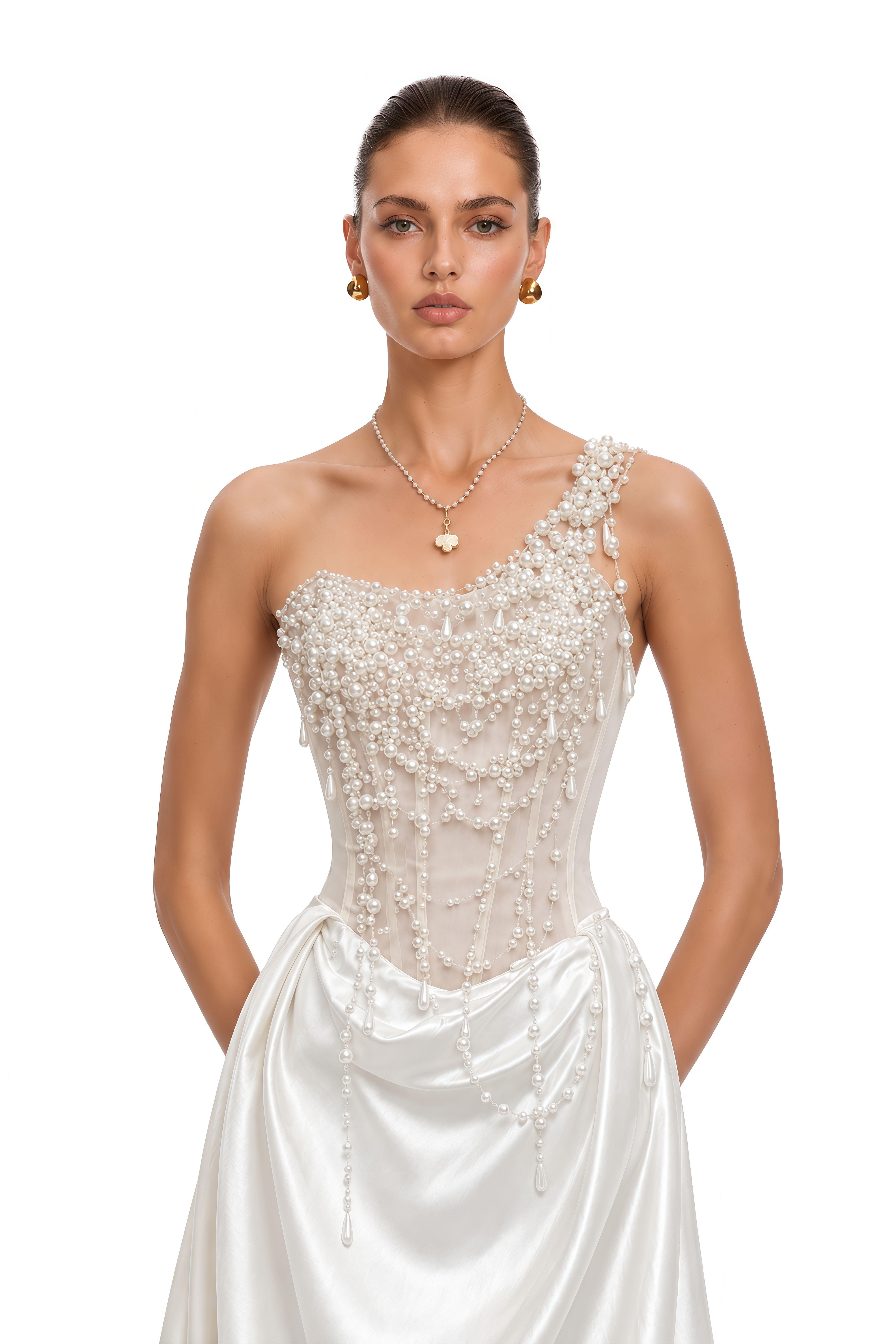 Hasti Cream White Ruched Maxi Dress with Chain Detail