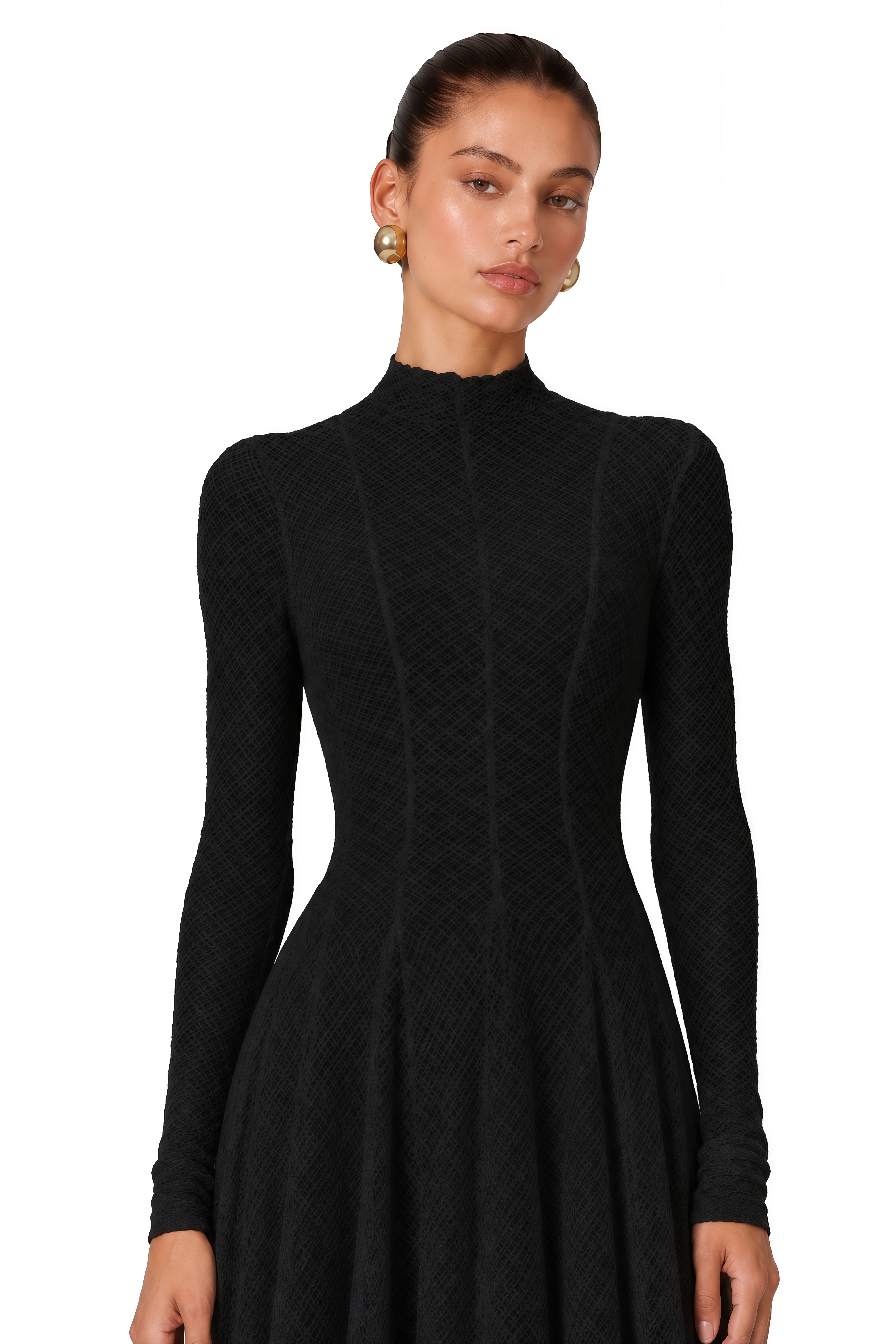 Athena Wavy-Pattern Lace Maxi Dress in Black