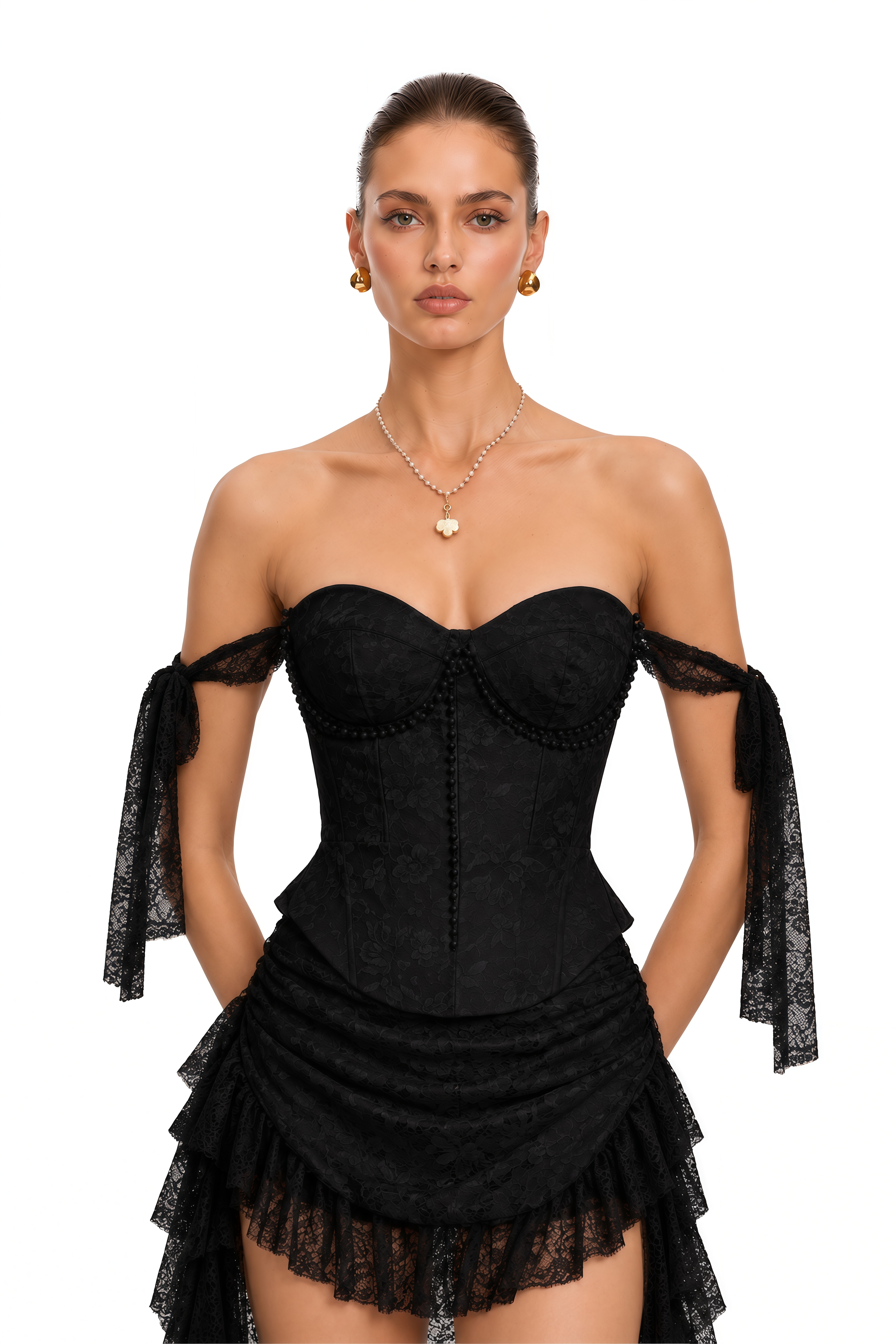 Garance Black Pearl Floral Lace Top & Skirt Set