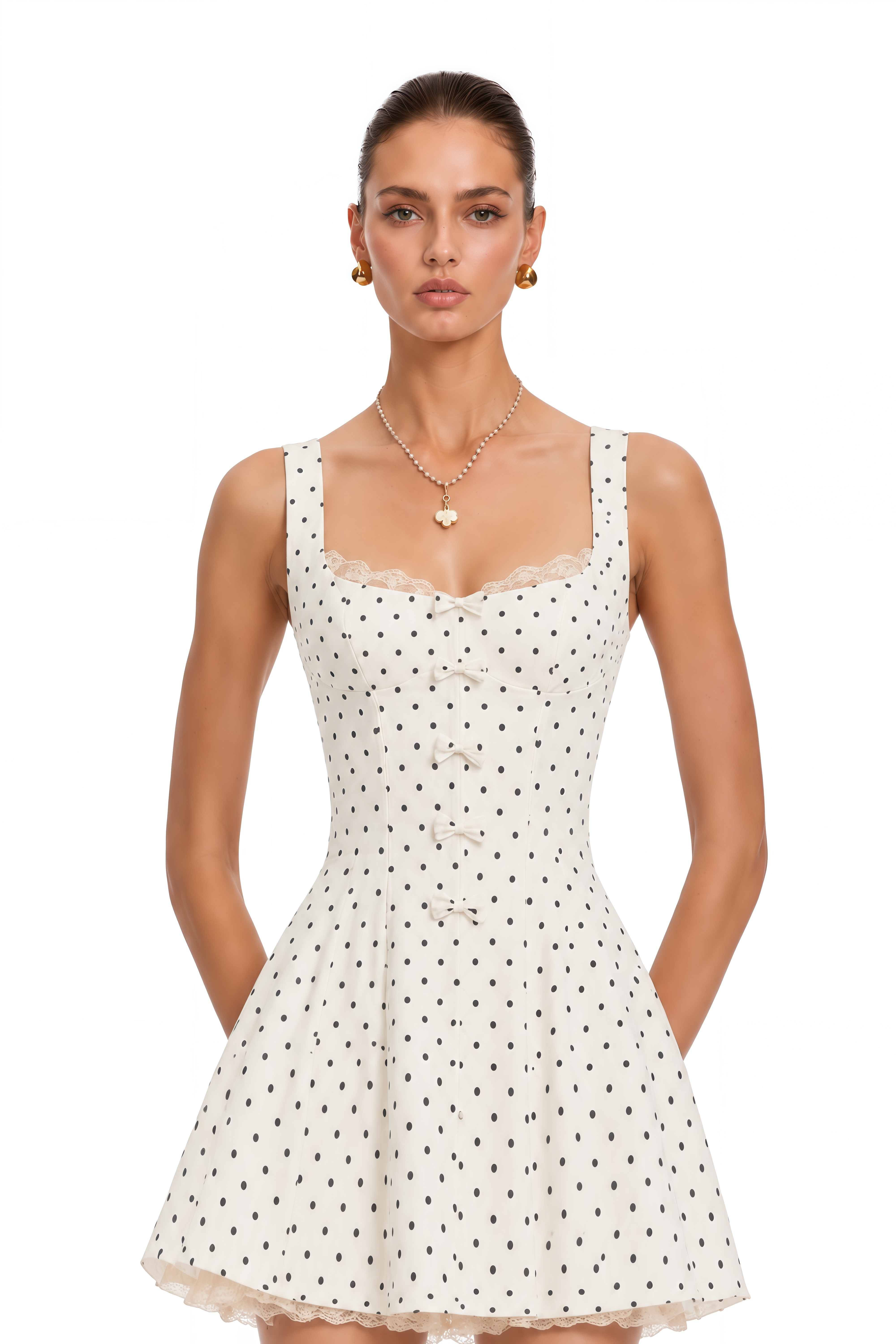 Margaux White Polka Dot A-Line Mini Dress with Bow