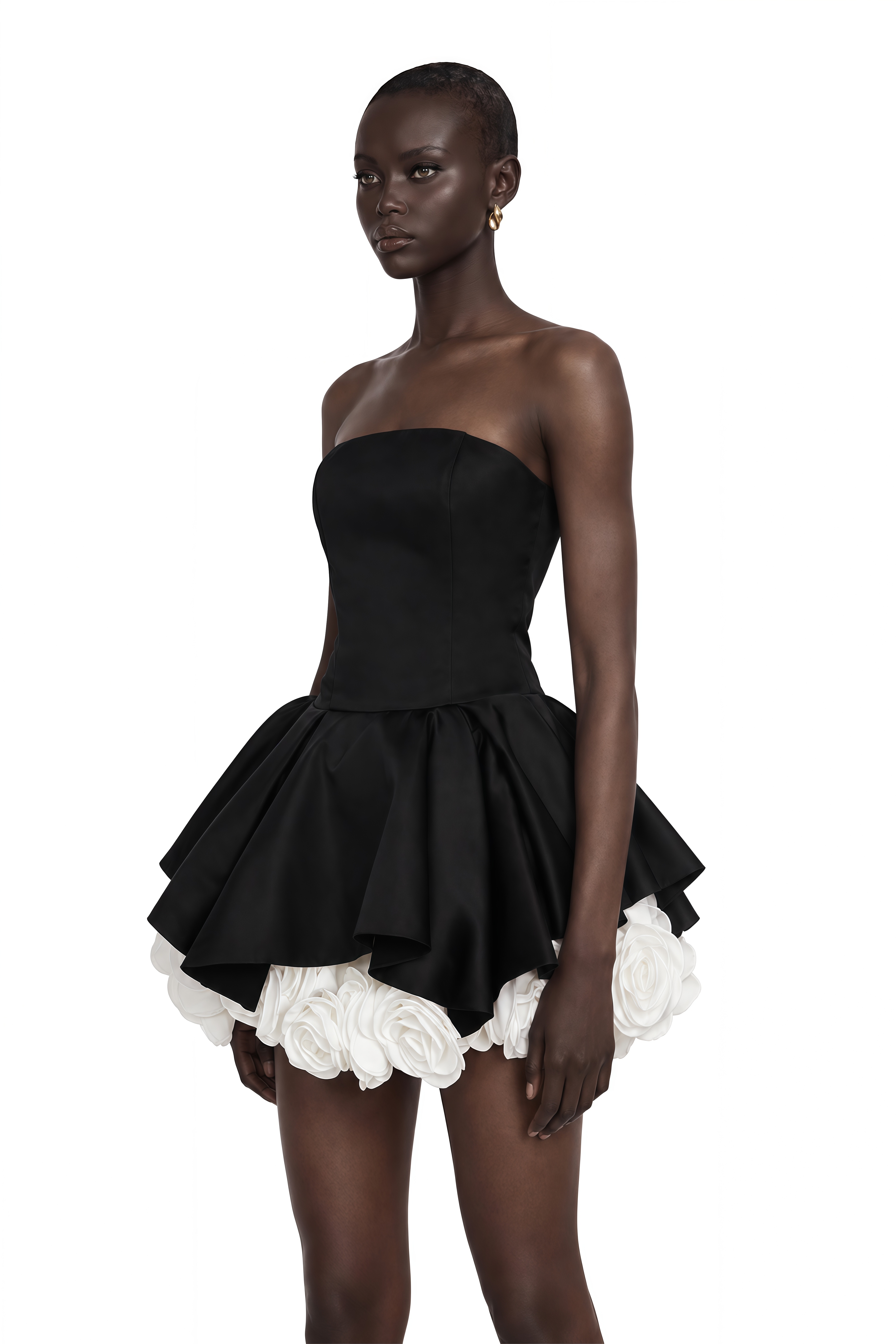 Lucie Black Petal-Layered Strapless Corset Mini Dress
