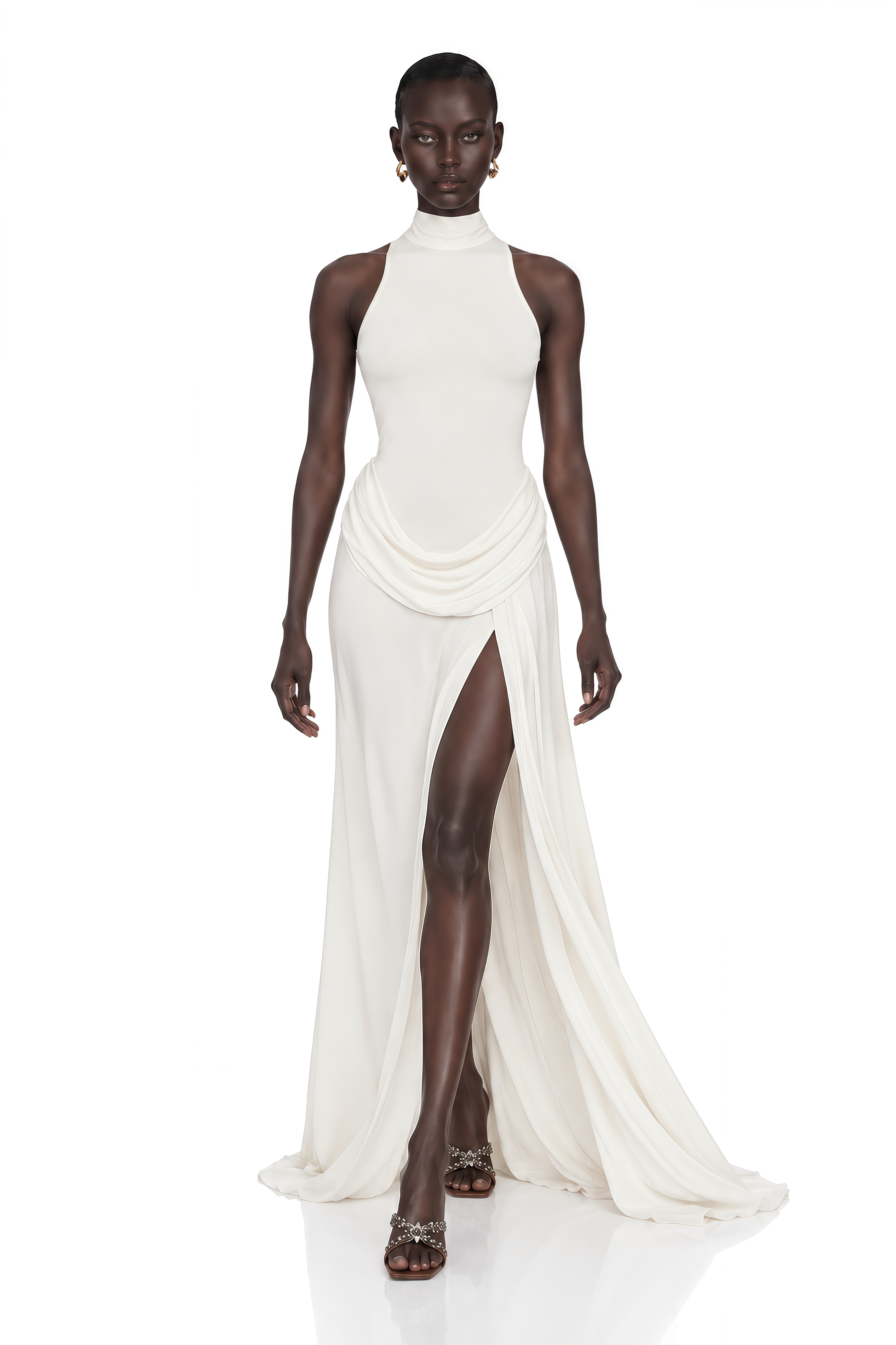 Mystérieuse White Turtleneck Draped Maxi Dress