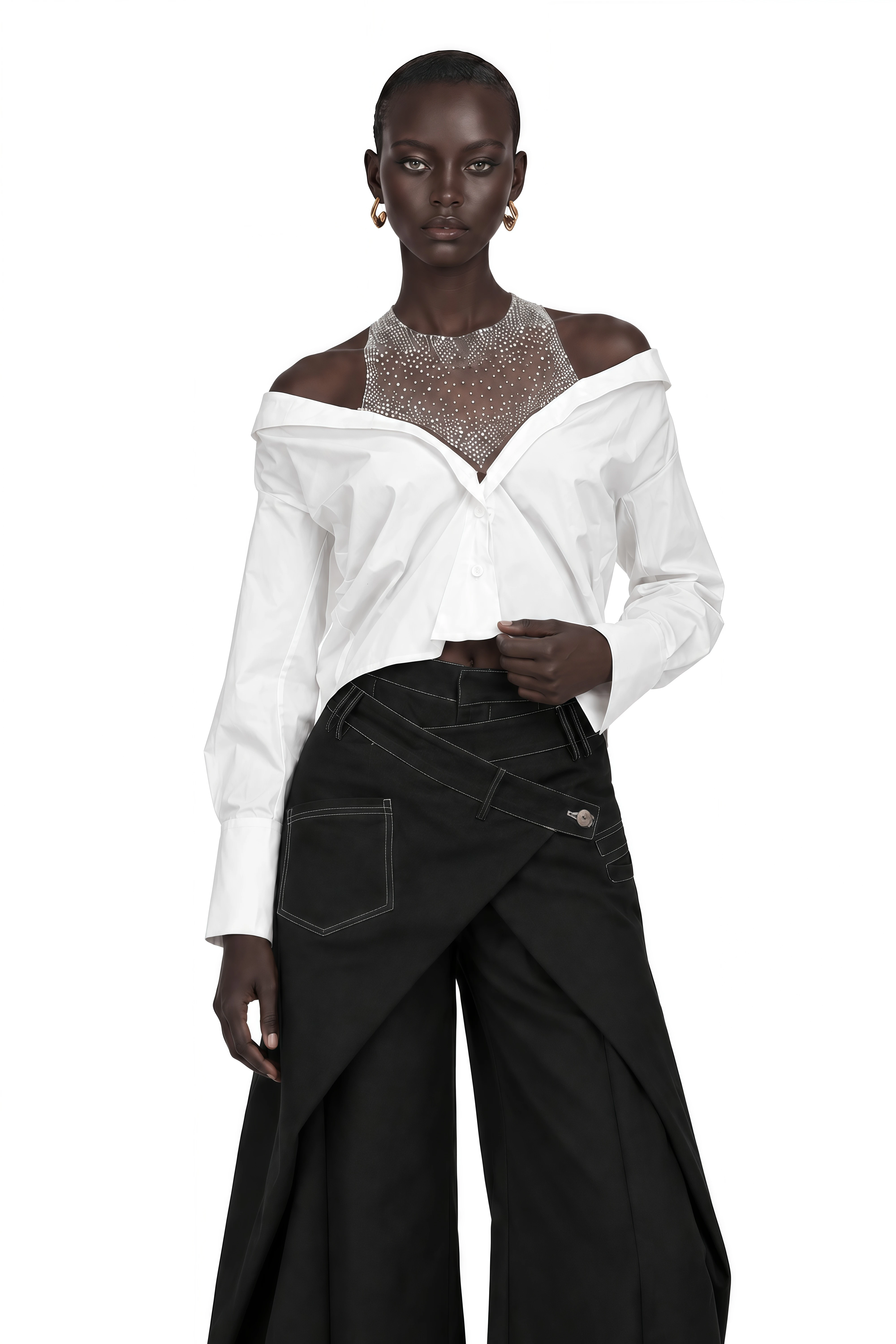 Fernande White Rhinestone Mesh Panel Shirt