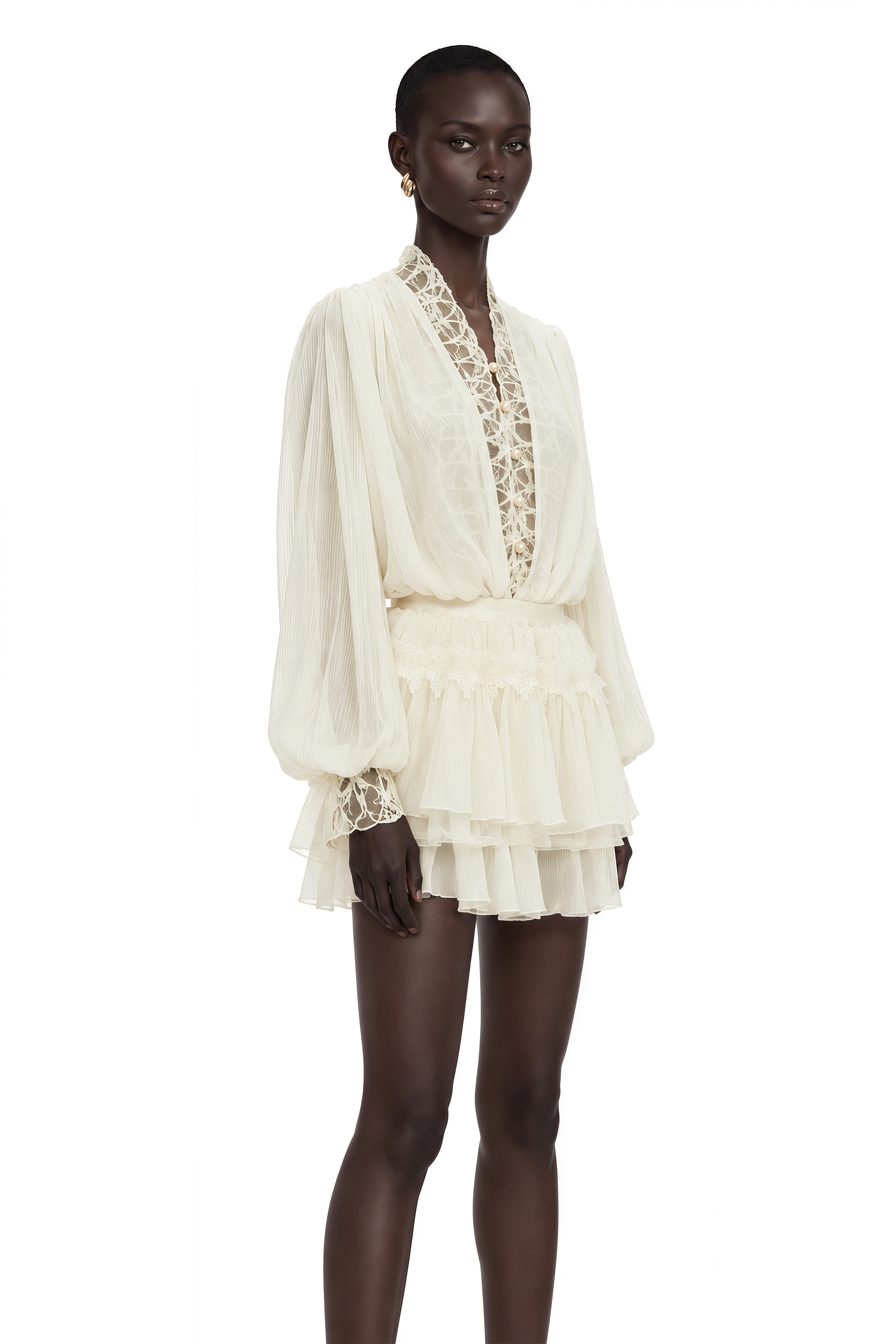Sophie White Lace Trim Blouse & Tiered Skirt Set
