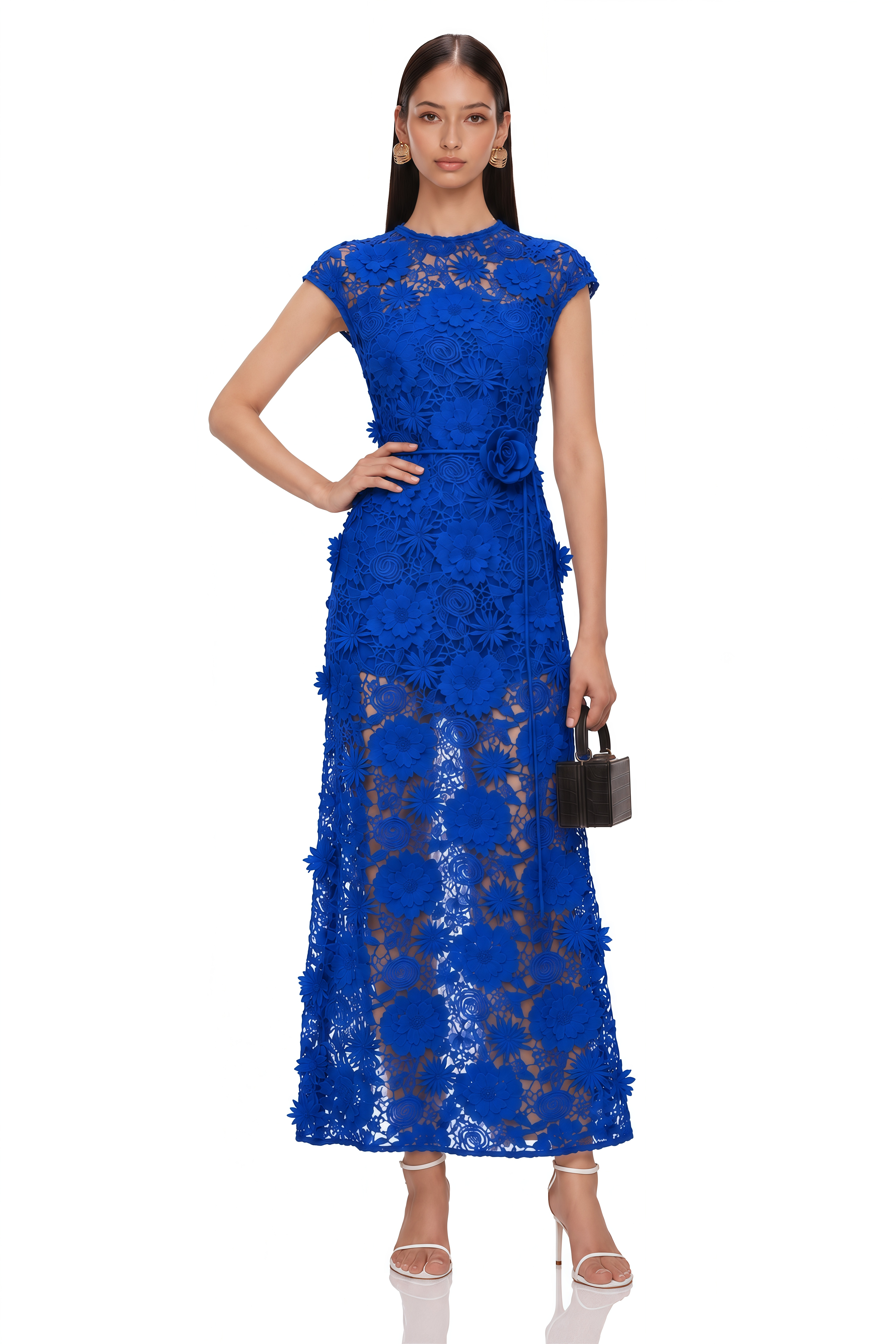 Jochebed Blue Floral Appliqué Maxi Dress with Cut-Outs