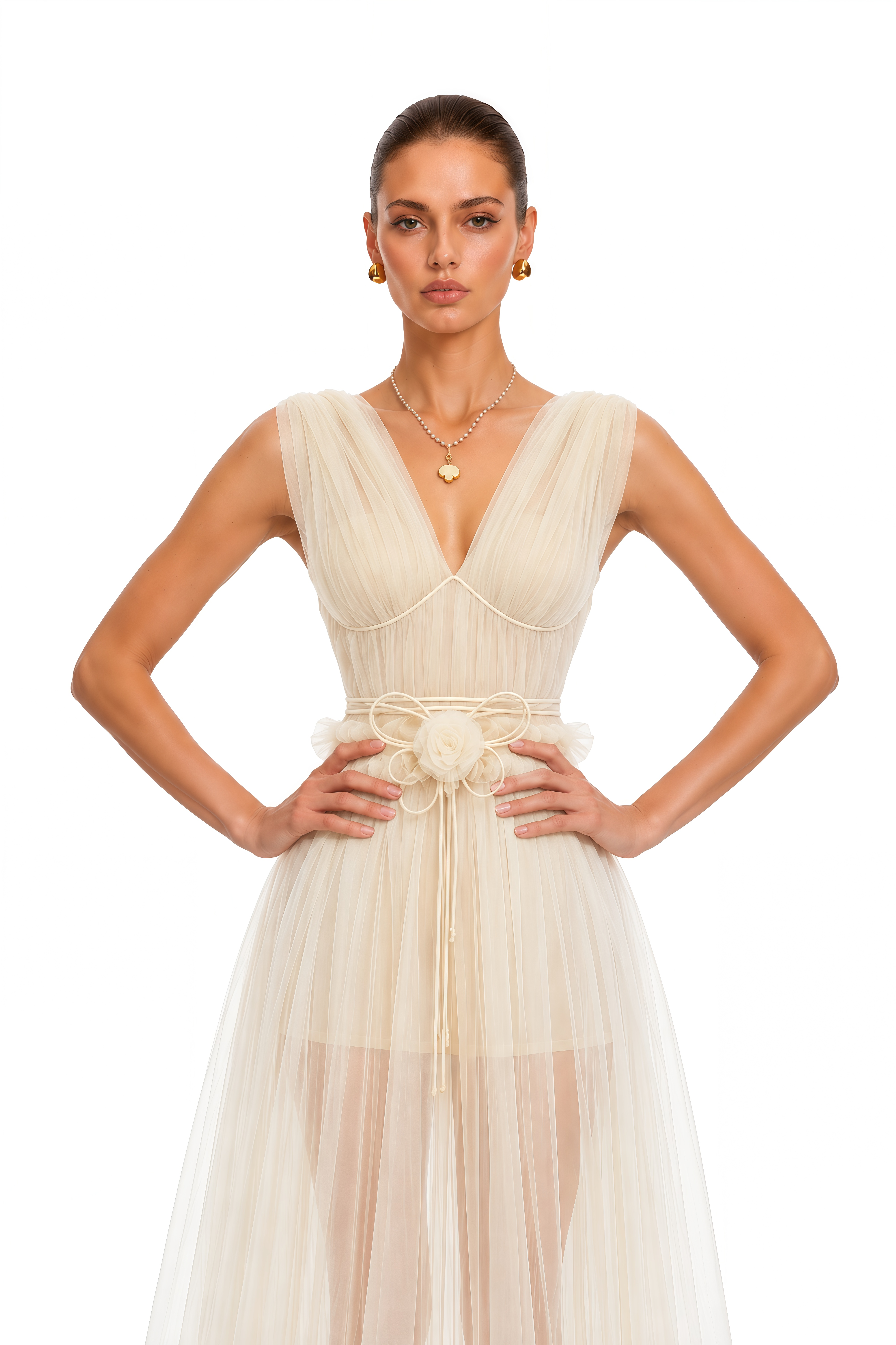 Octavia Beige V-neck Semi-sheer Ruched Maxi Dress