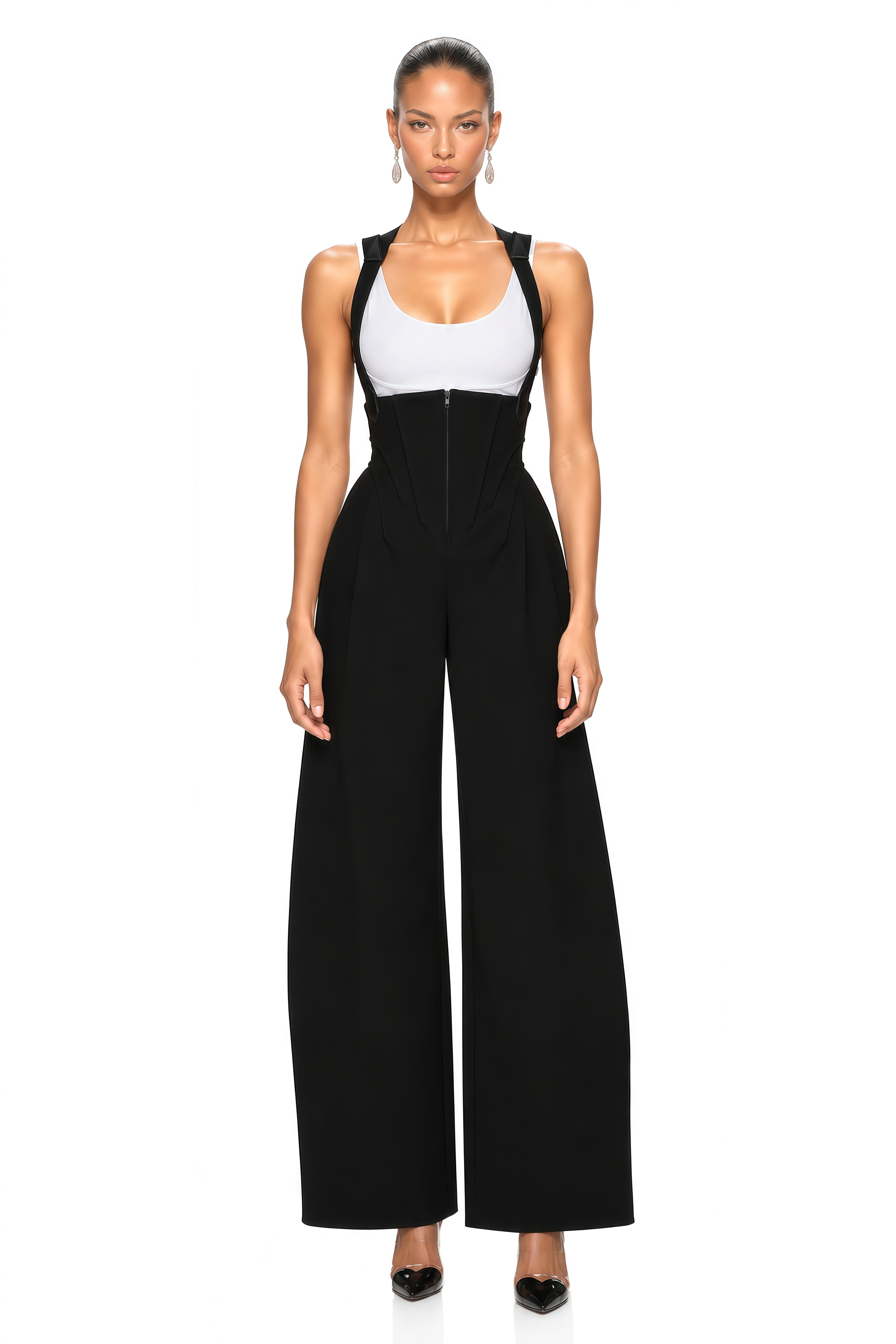 Ivona Black Boned Bodice Wide Leg Overalls