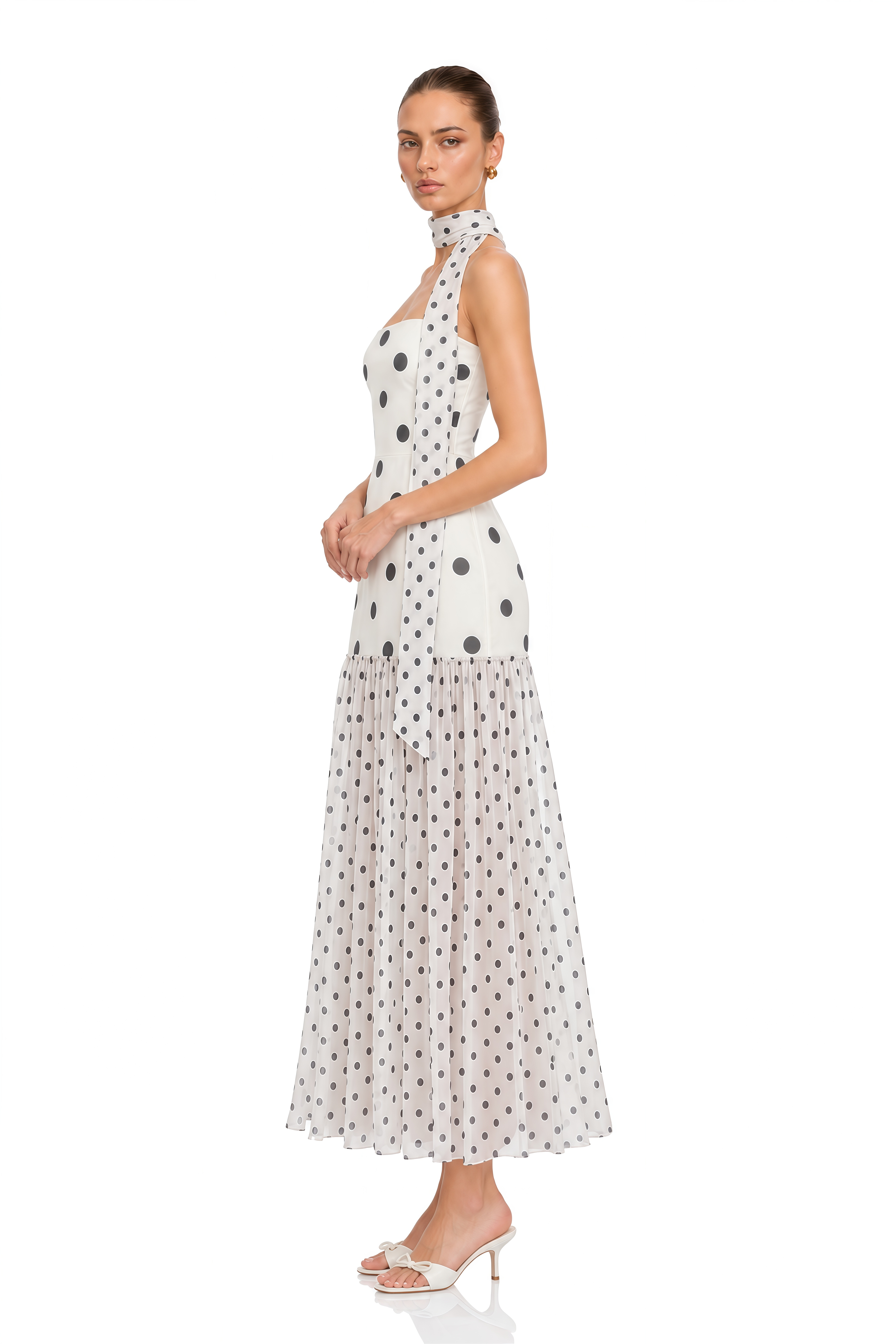 Mirela White Polka Dot Ruched Maxi Dress